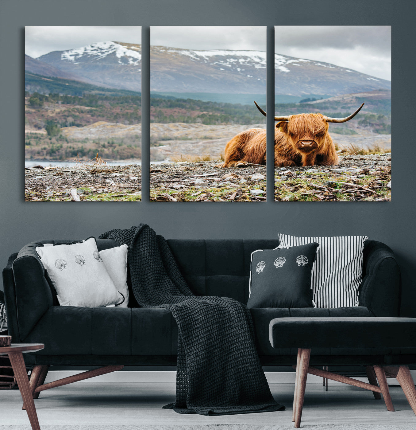 80252-MGV-CV-60X30-3P-Highland Cow Horn Farm Wall Art Canvas Print