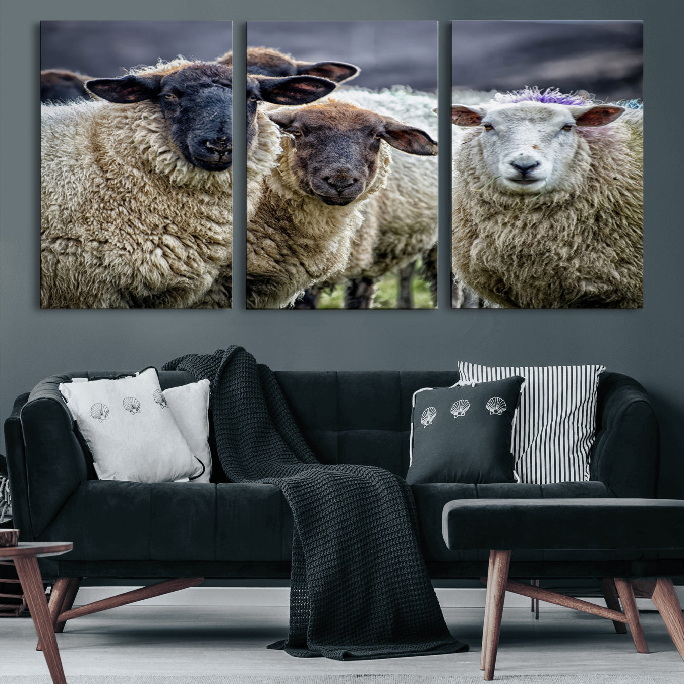 18418-MGV-CV-60X30-3P-Charming Sheep Portrait Wall Art – Trio of Woolly Companions Canvas Print, Framed, Ready to Hang