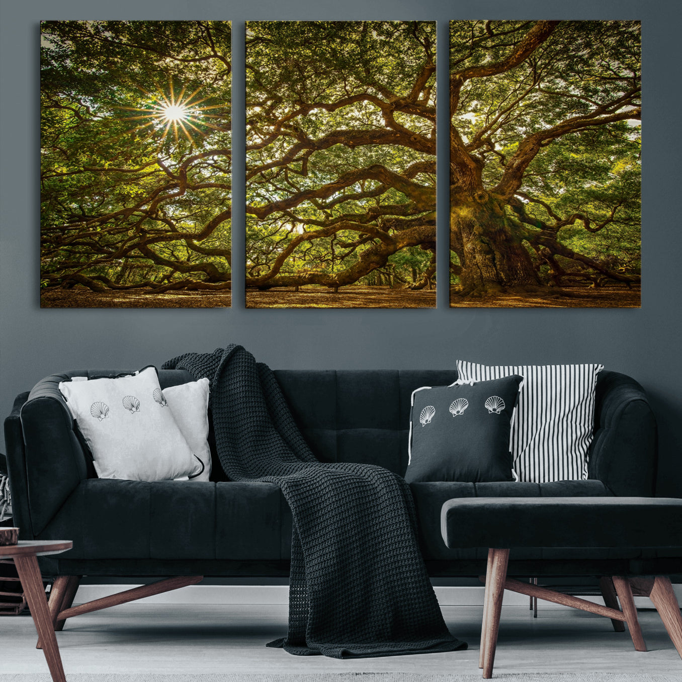 57983-MGV-CV-60X30-3P-Ancient Angel Oak Tree Art Sunburst Canvas Print- Nature-Inspired Triptych Canvas Print, Framed,