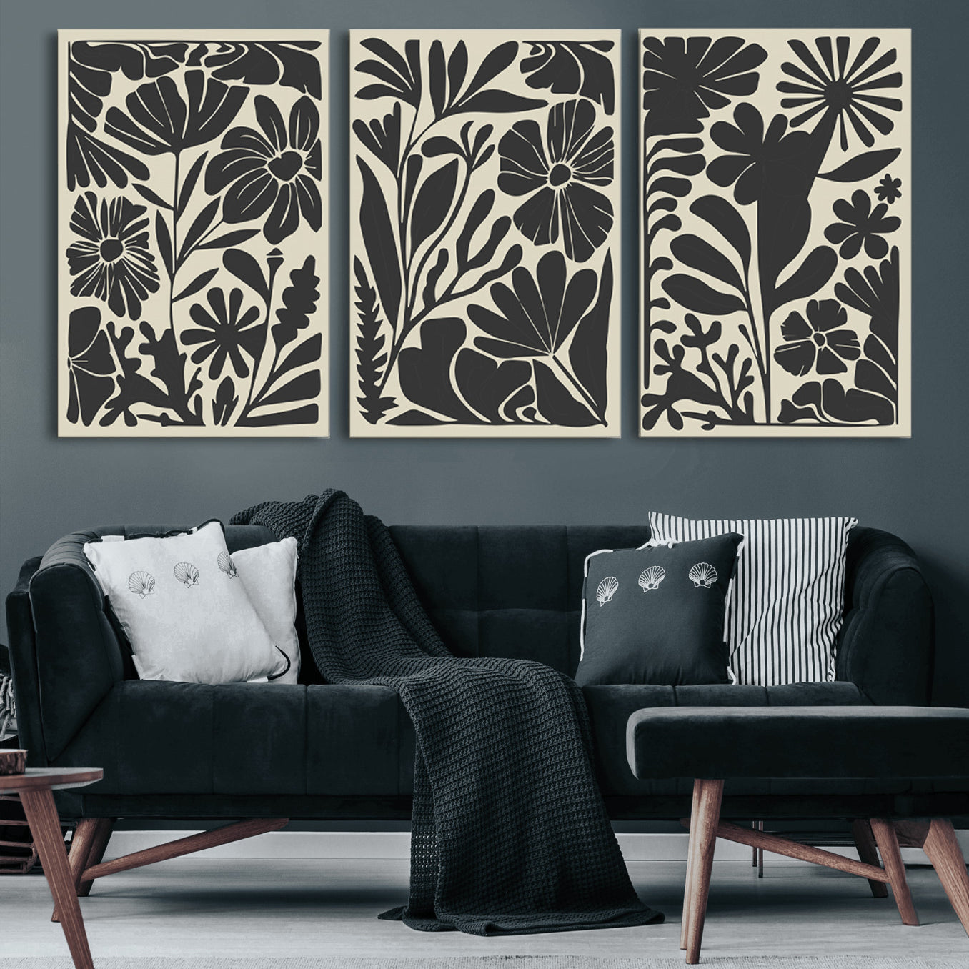 -Modern Botanical Wall Art - Floral Black and White Canvas Print, Framed, Ready to Hang