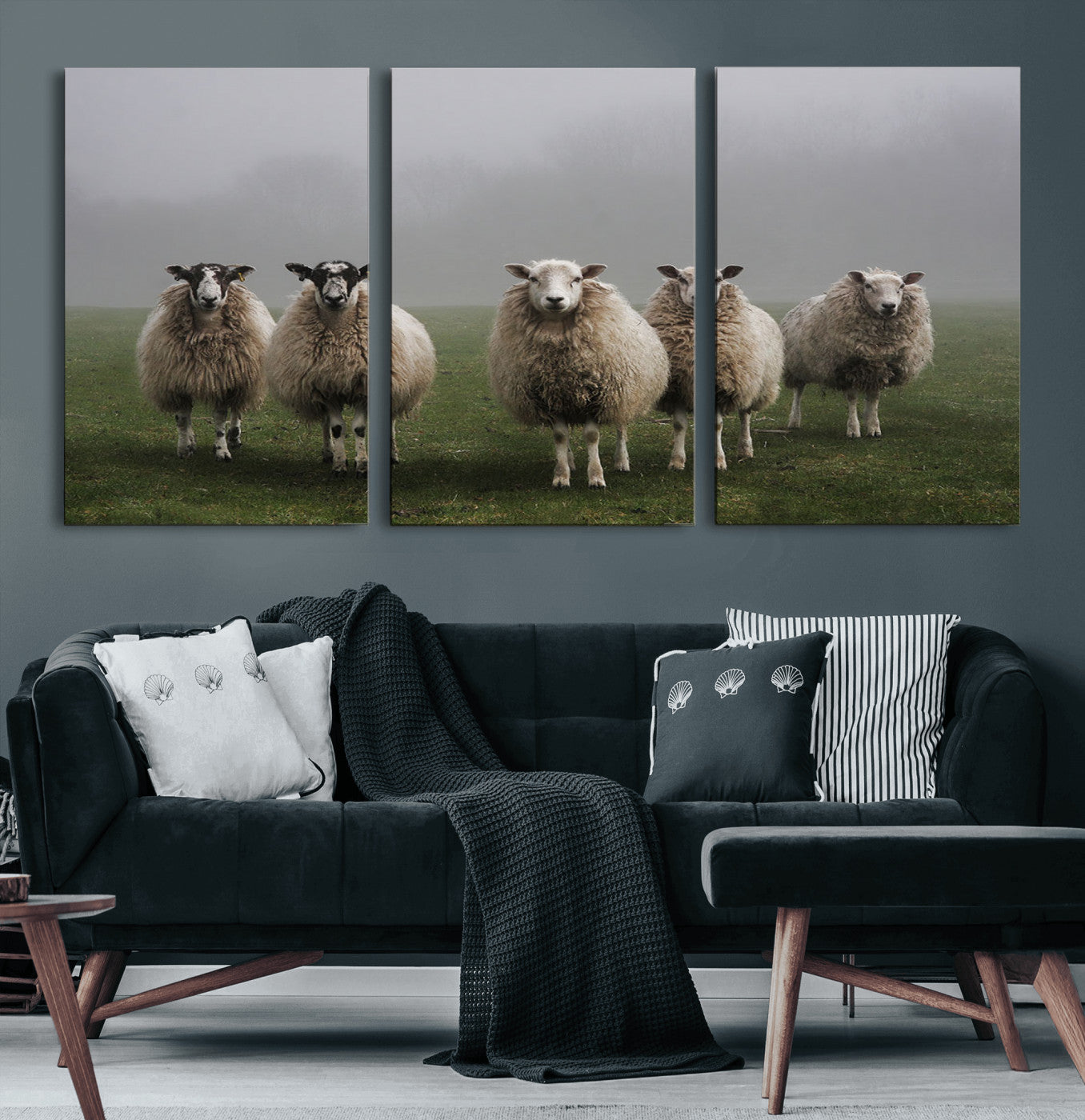 87339-MGV-CV-60X30-3P-Flock of Sheep in a Mystical Fog – Pastoral Wall Art Canvas Print, Framed, Ready to Hang