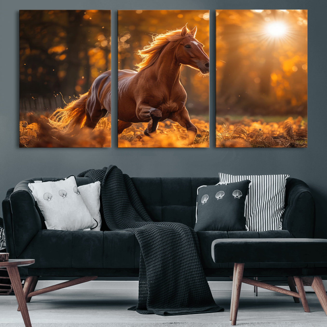 92144-MGV-CV-60X30-3P-Running Horse Sunset Forest Wall Art Canvas Print