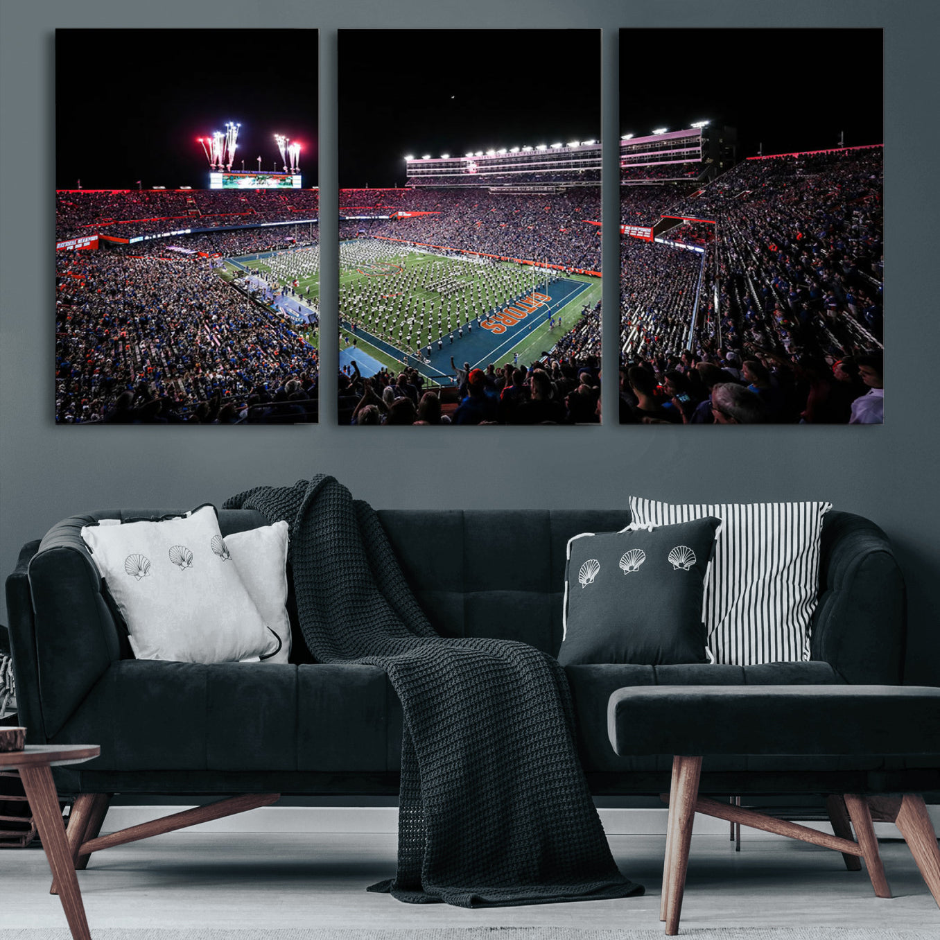 46899-MGV-CV-60X30-3P-Ben Hill Griffin Stadium Night Game Triple Canvas Wall Art - Florida Gators Football Match