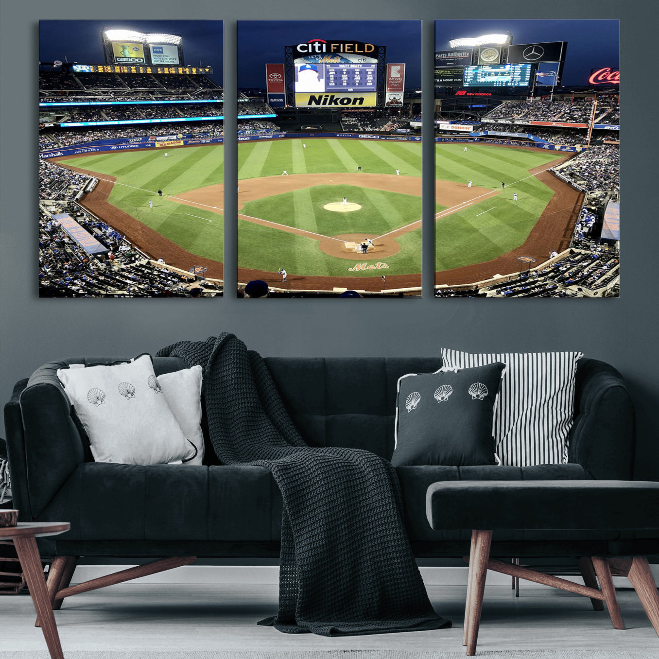 -Citi Field Wall Art Print | 3-Panel New York Mets Baseball Stadium Canvas Print | Framed Sports