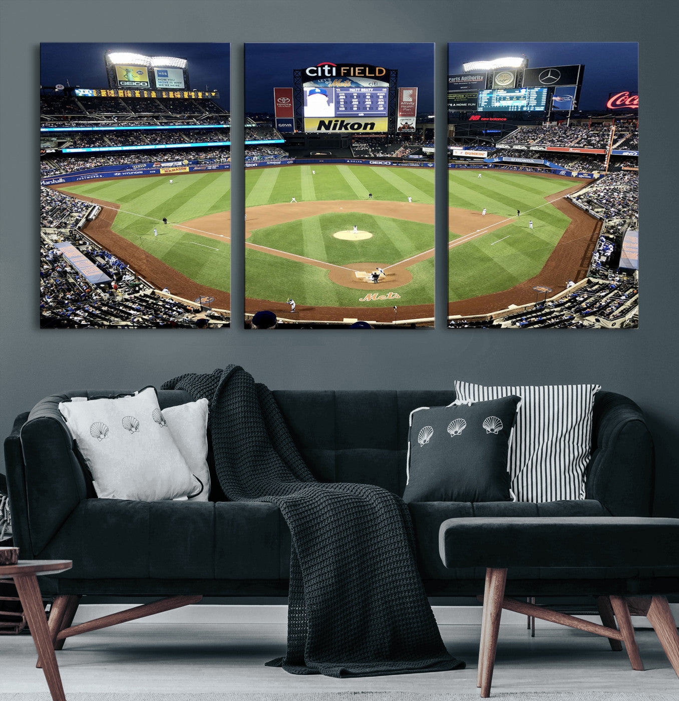 -Citi Field Wall Art Print | 3-Panel New York Mets Baseball Stadium Canvas Print | Framed Sports