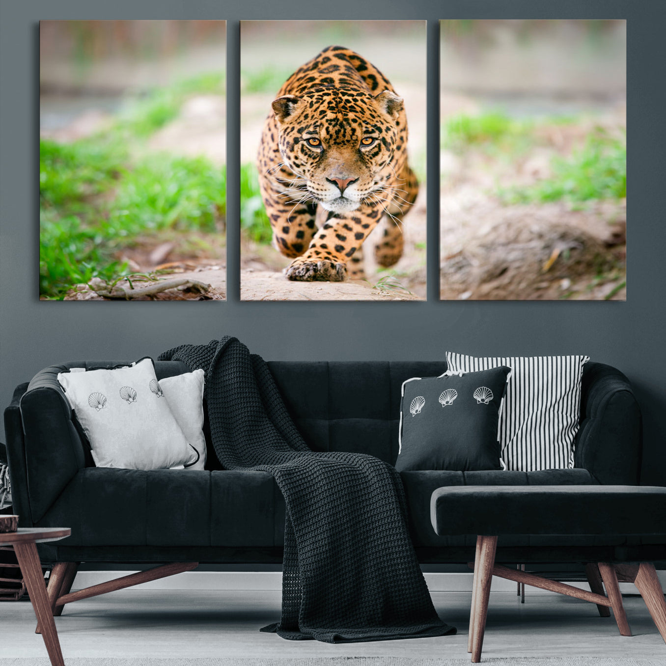 75066-MGV-CV-60X30-3P-Leopard on the Prowl - Stunning Large Framed Leopard Wall Art Canvas Wall Art for Living Room,