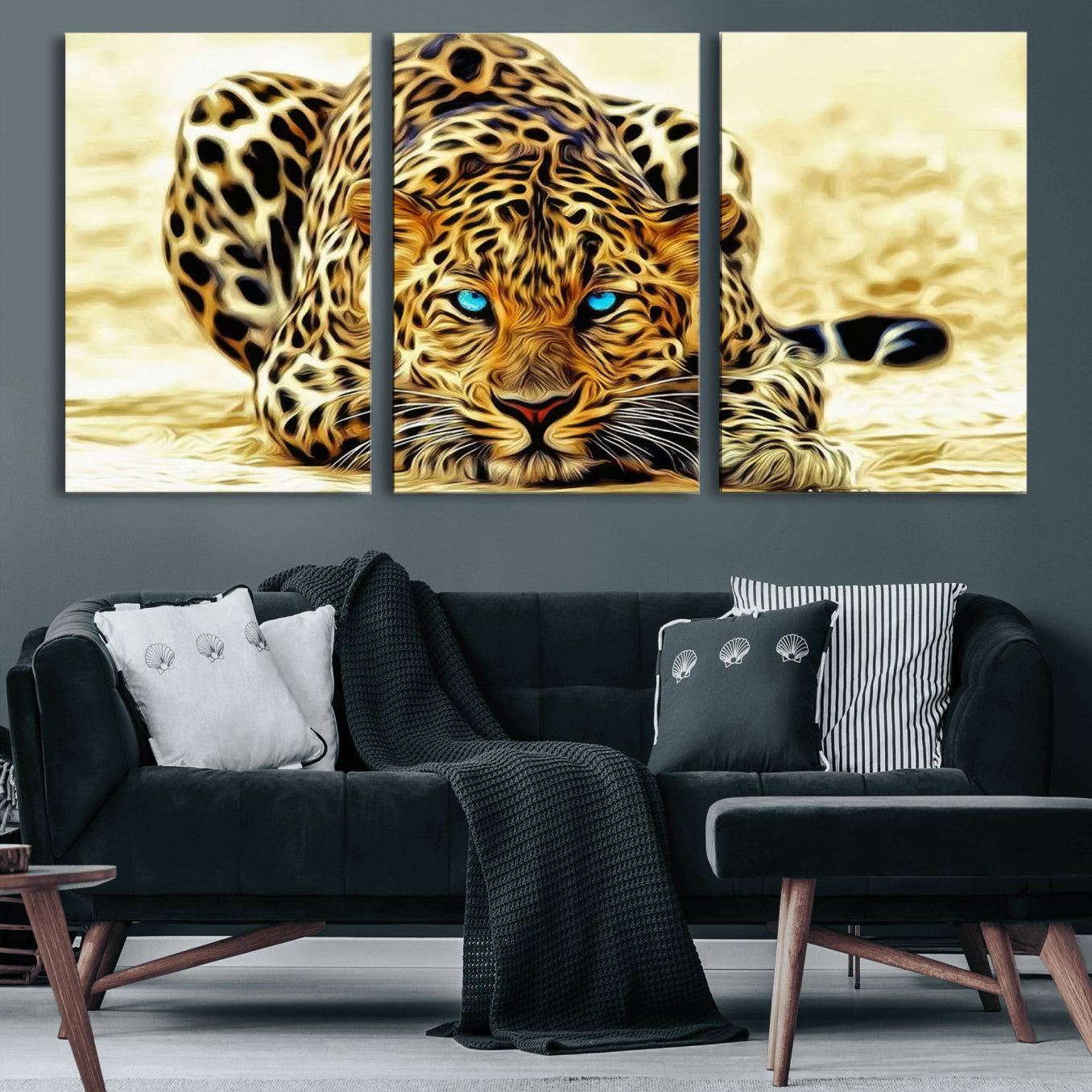 45281-MGV-CV-60X30-3P-Blue-Eyed Leopard Canvas Wall Art - Framed Animal Print Ready to Hang - Fierce and Bold Decor for