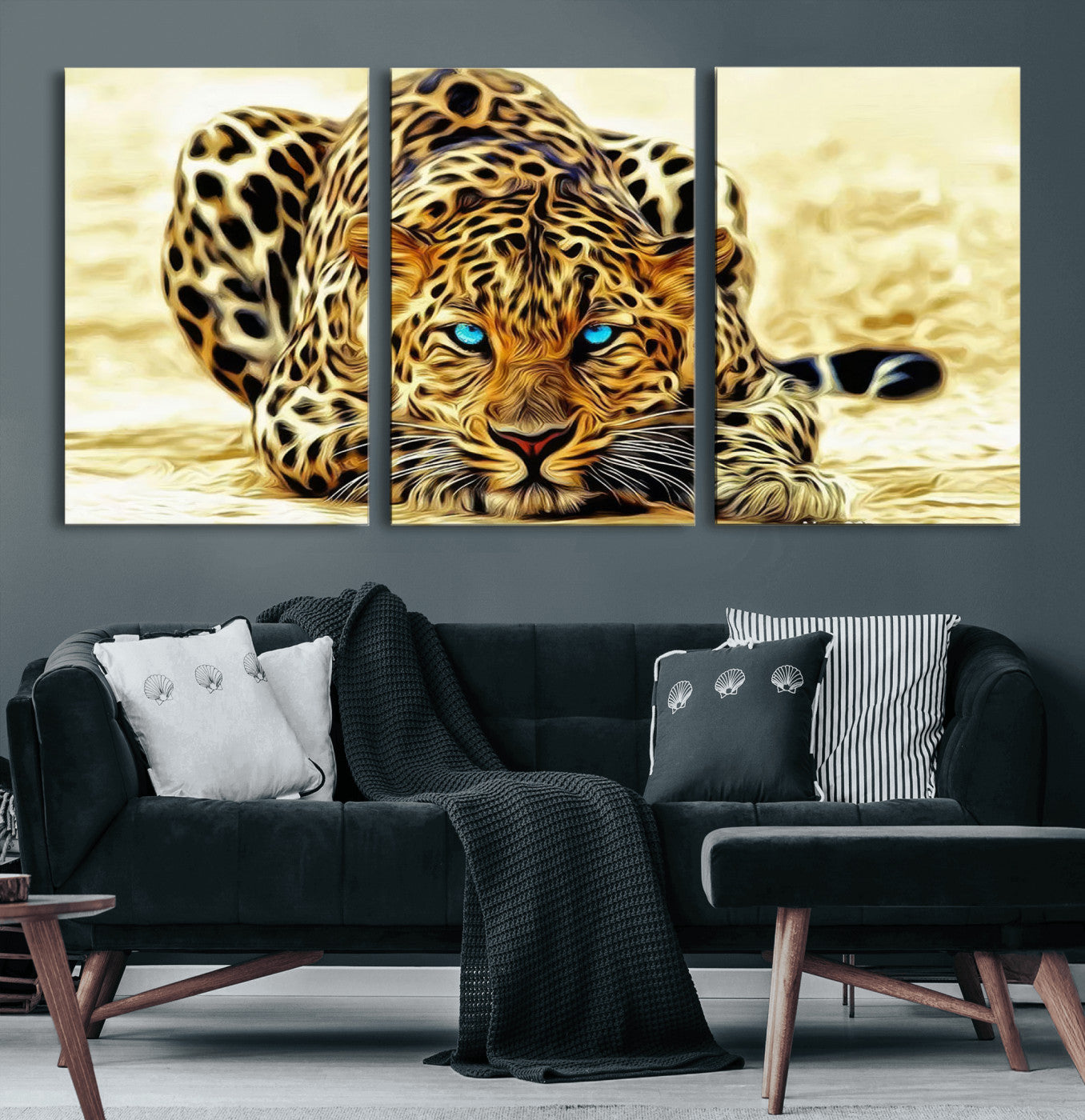45281-MGV-CV-60X30-3P-Blue-Eyed Leopard Canvas Wall Art - Framed Animal Print Ready to Hang - Fierce and Bold Decor for