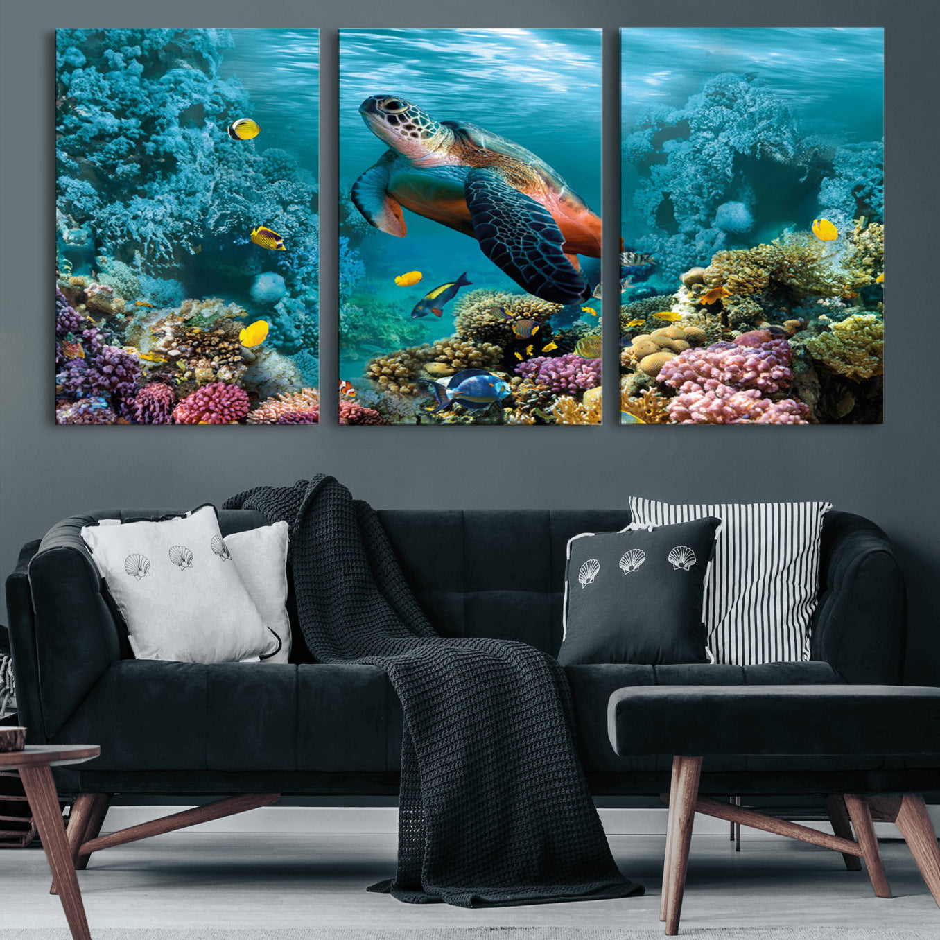 38661-MGV-CV-60X30-3P-Sea Turtle and Coral Reef Triptych Wall Art – Vibrant Underwater Scene Canvas Set for Ocean Lovers