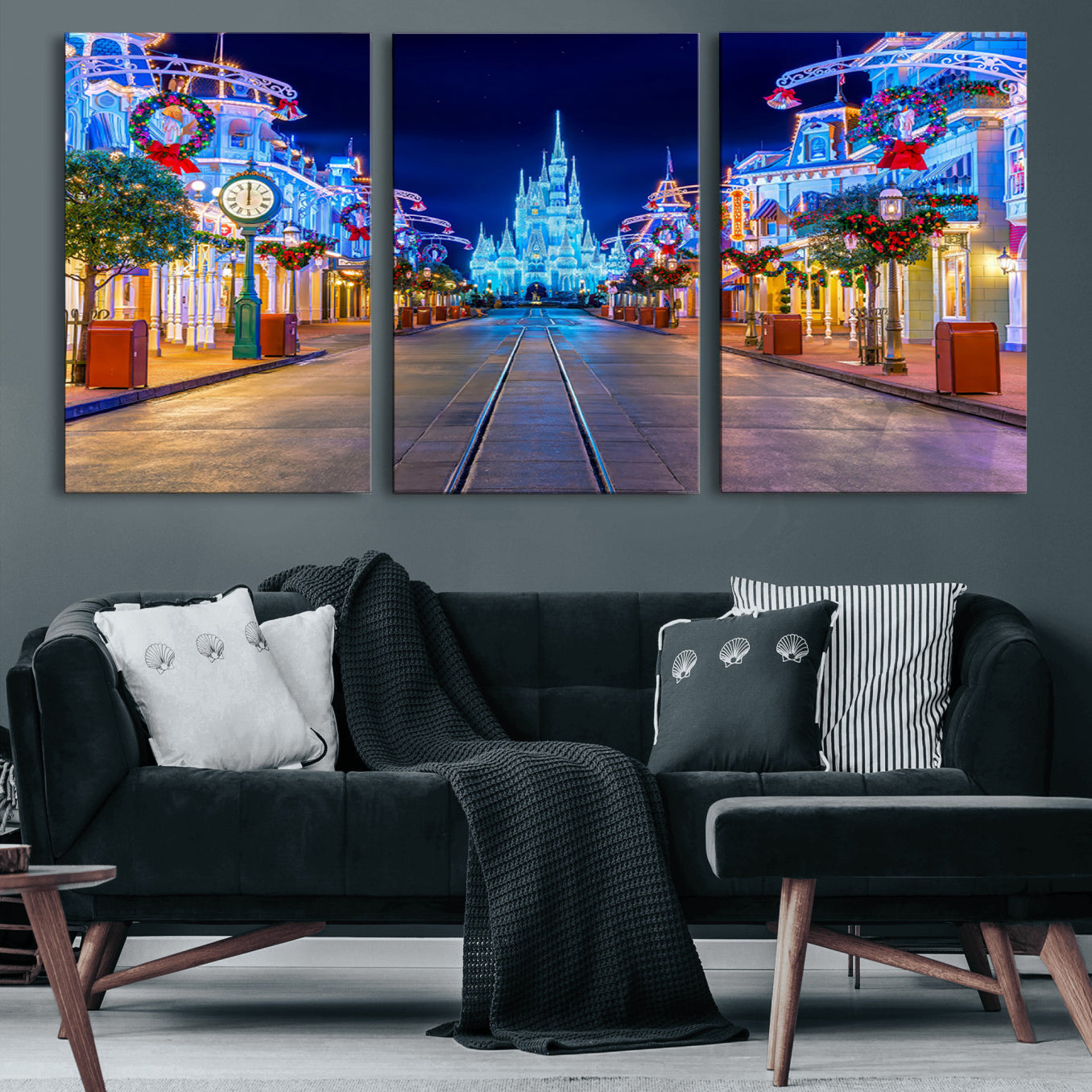 12470-MGV-CV-60X30-3P-Disney Castle Wall Art – Large Magic Kingdom Canvas Artwork, Fairytale Design, Kids Room Christmas Decor for Home, Office