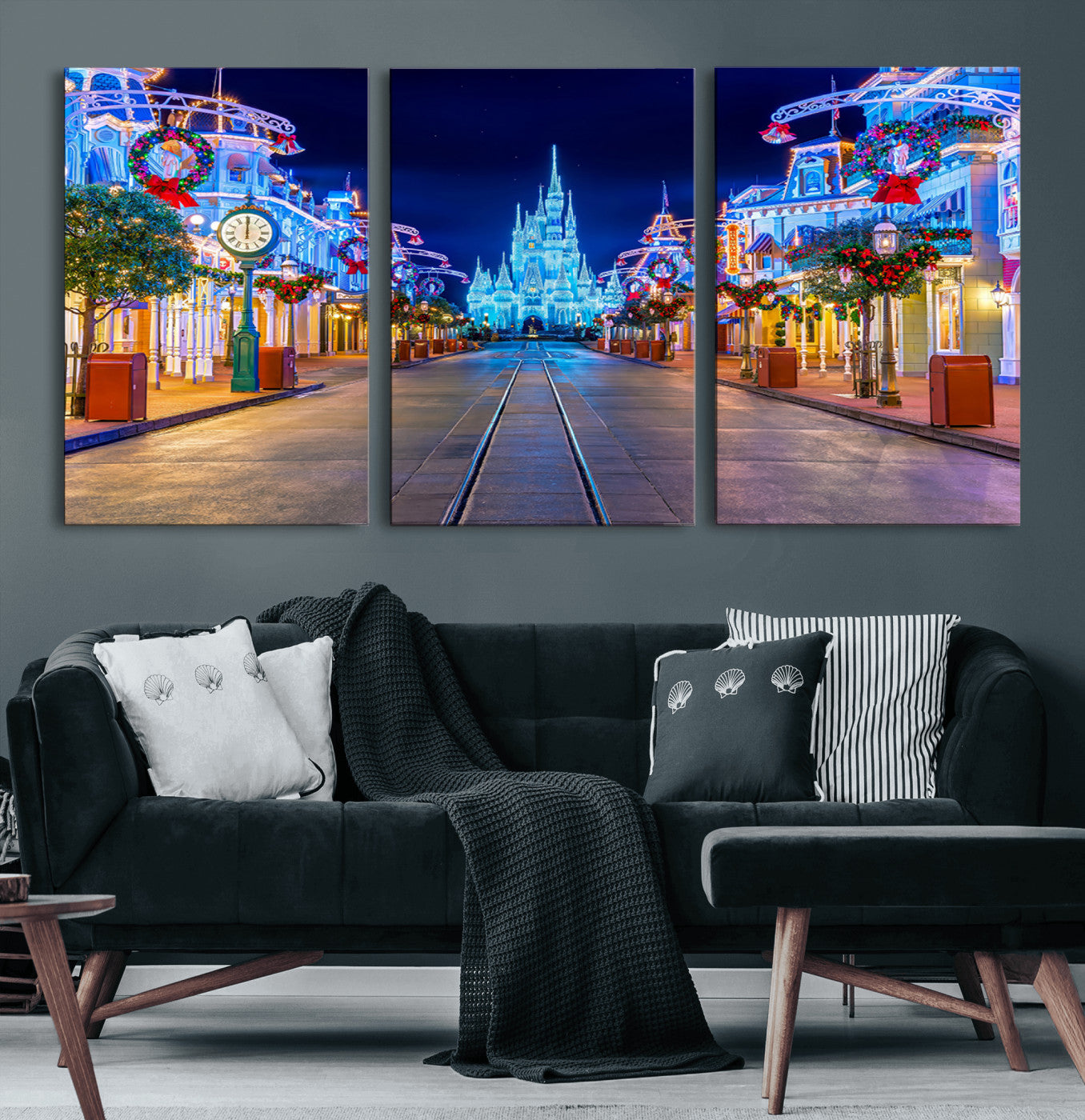 12470-MGV-CV-60X30-3P-Disney Castle Wall Art – Large Magic Kingdom Canvas Artwork, Fairytale Design, Kids Room Christmas Decor for Home, Office
