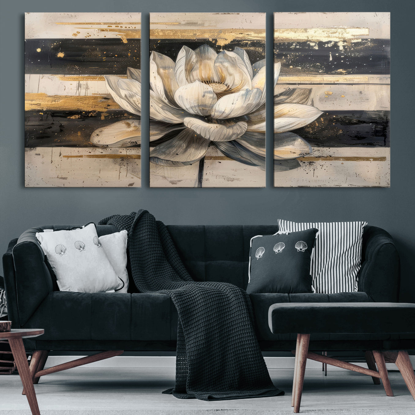 18807-MGV-CV-60X30-3P-Abstract Lotus Flower Wall Art Canvas Print, Meditation Yoga Room Wall Art