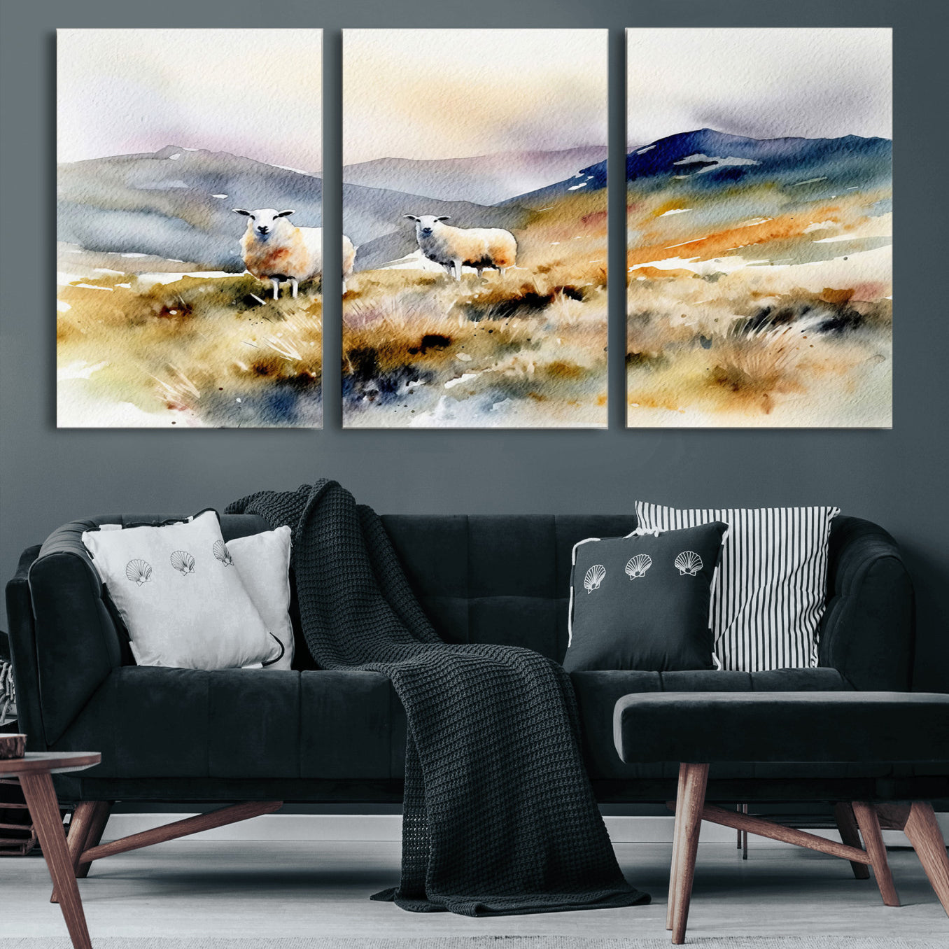 58145-MGV-CV-60X30-3P-Watercolor Sheep for Farmhouse Decor Wall Art Canvas Print, Mountain Wall Art Print