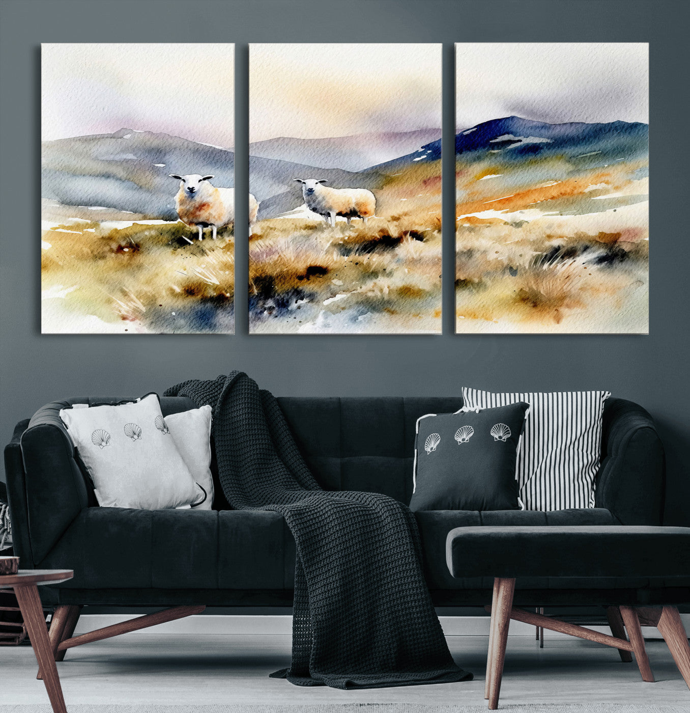 58145-MGV-CV-60X30-3P-Watercolor Sheep for Farmhouse Decor Wall Art Canvas Print, Mountain Wall Art Print
