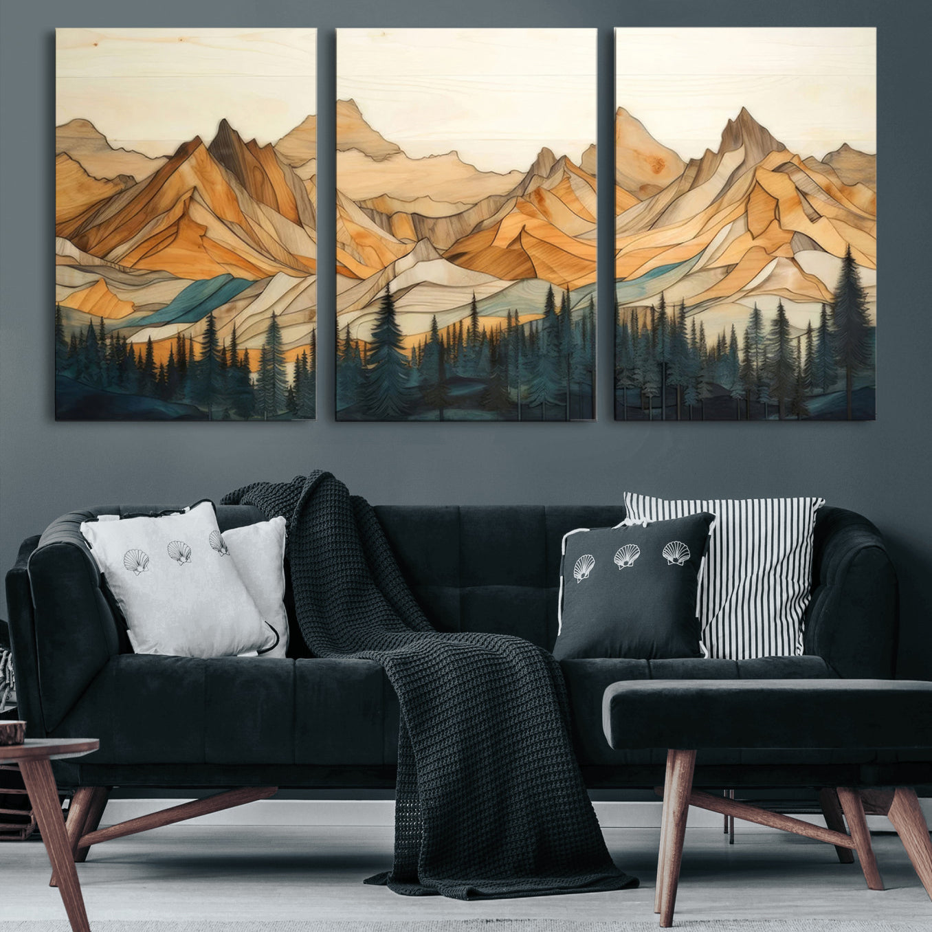 31576-MGV-CV-60X30-3P-Rustic Wood Mountain Wall Art Print | Triptych Giclee Print Featuring Handcrafted Forest and