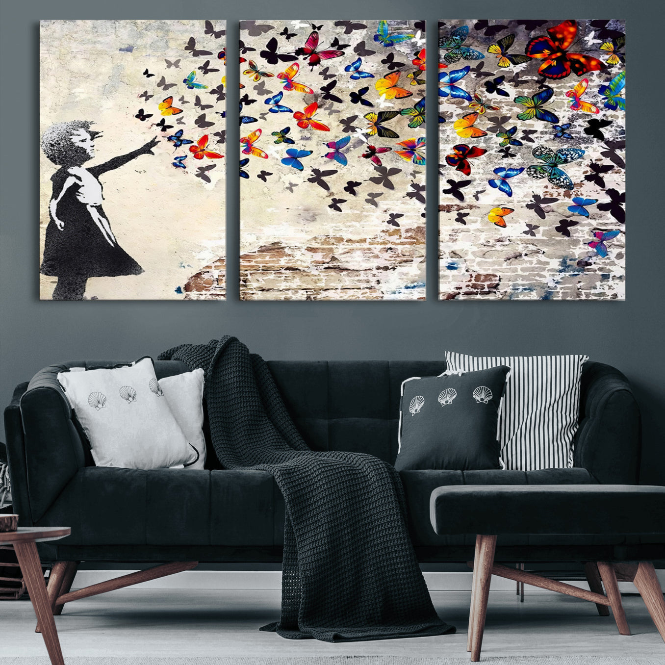 97895-MGV-CV-60X30-3P-Banksy Graffiti Wall Art Canvas Print: Girl Releasing Vibrant Butterflies – Ready to Hang