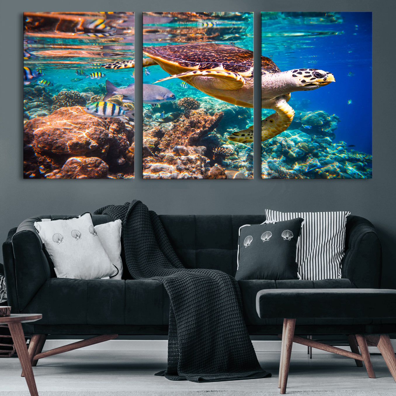 66614-MGV-CV-60X30-3P-Sea Turtle Wall Art Canvas Print – Vibrant Ocean Coral Reef Décor, Ready to Hang
