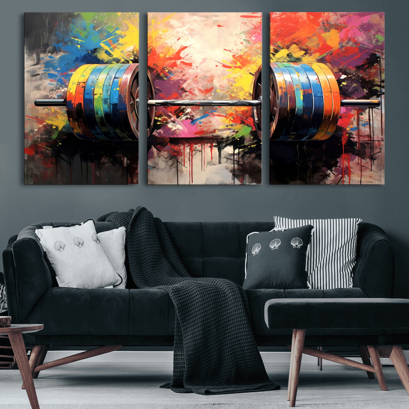 80436-MGV-CV-60X30-3P-Weightlifting Barbell Art Triptych, Bold Abstract Fitness Wall Decor for Gym or Home, Giclee Canvas