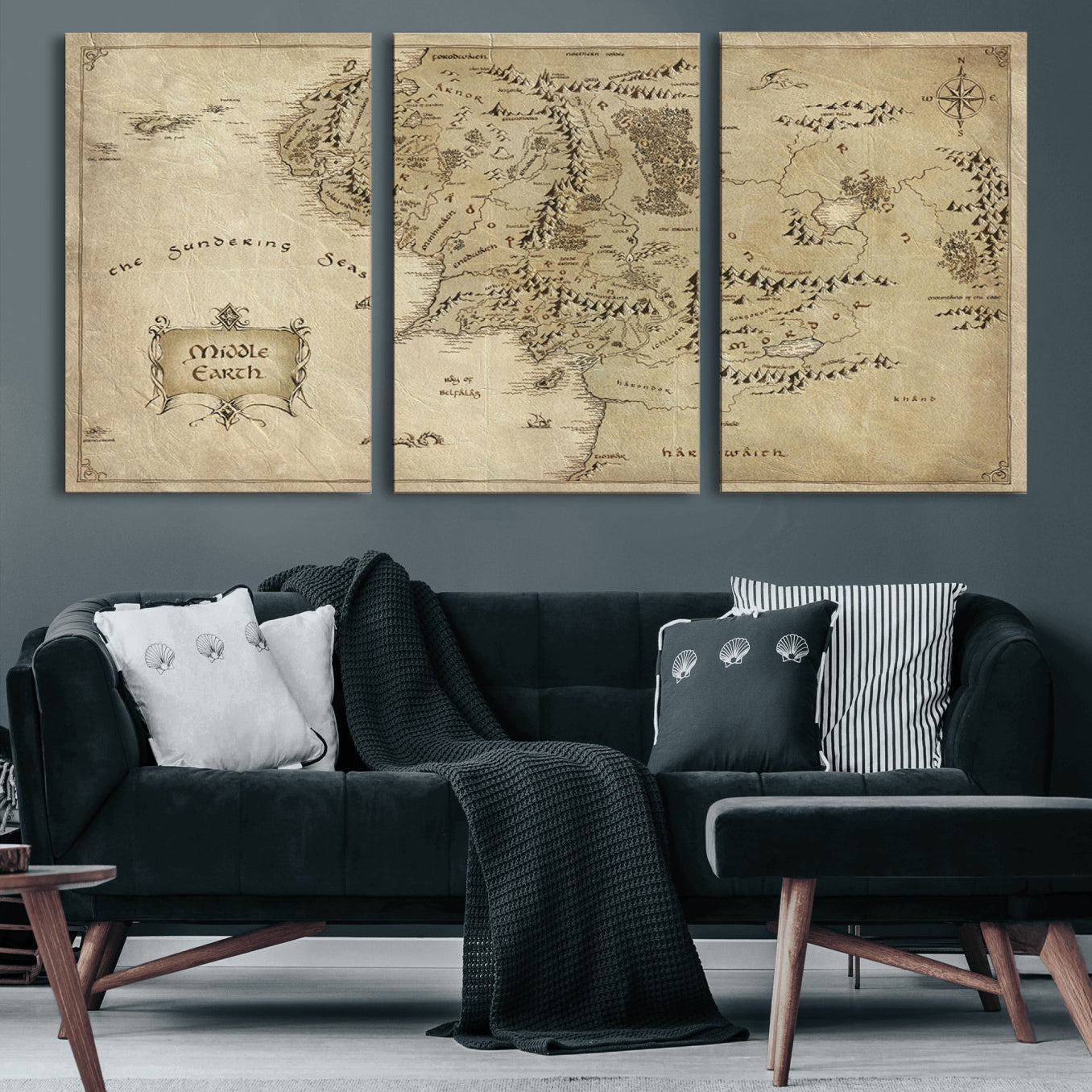 21784-MGV-CV-60X30-3P-Vintage Middle Earth Map Wall Art Canvas – Lord of the Rings Inspired Framed Map Print, Classic Fantasy Decor for Home, Office