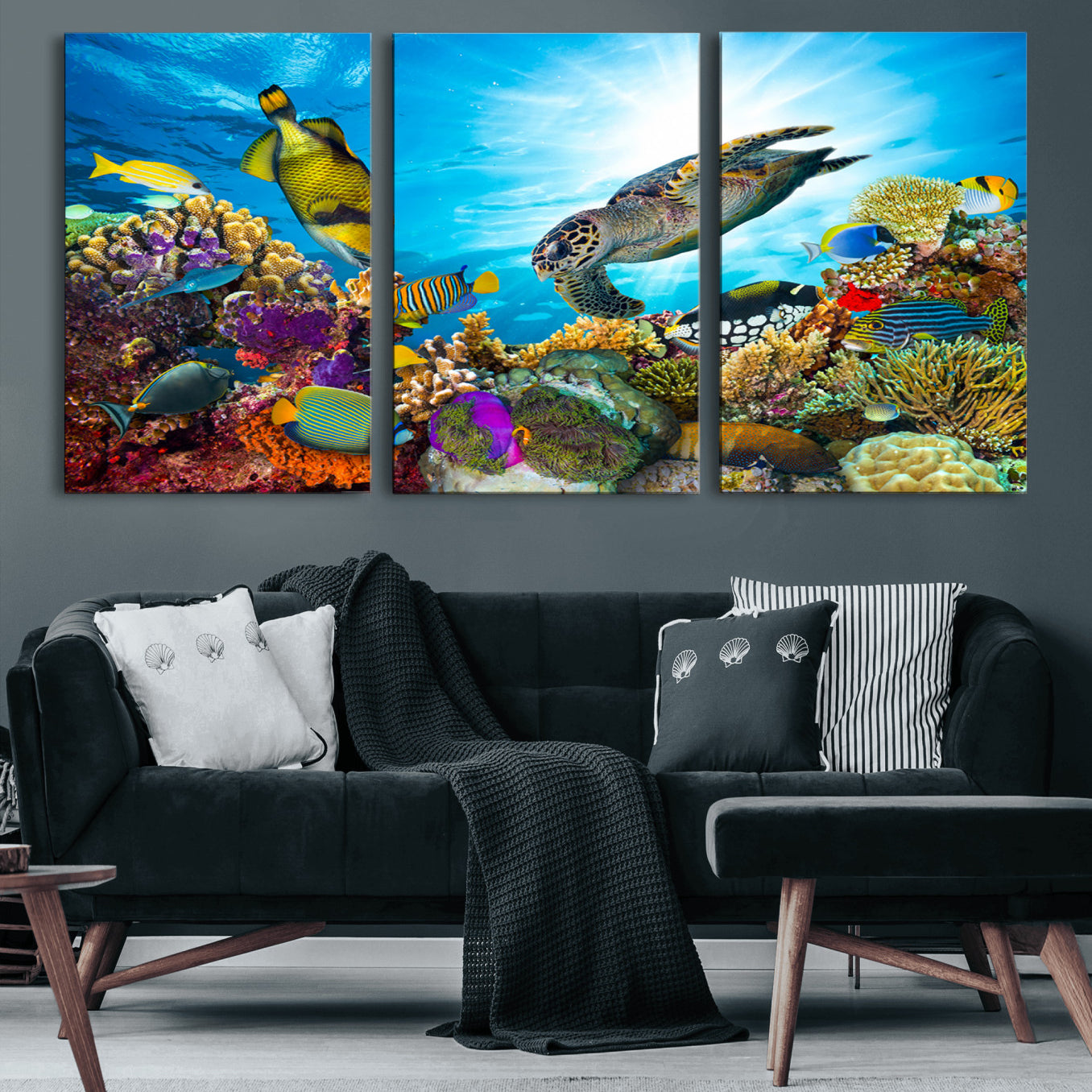 44772-MGV-CV-60X30-3P-Colorful Coral Reef and Sea Life Turtle Canvas Print, Underwater Tropical Ocean Wall Art for Home