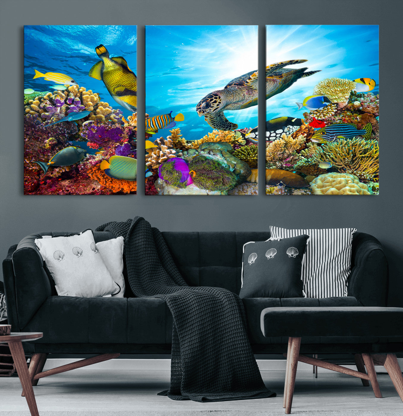 44772-MGV-CV-60X30-3P-Colorful Coral Reef and Sea Life Turtle Canvas Print, Underwater Tropical Ocean Wall Art for Home