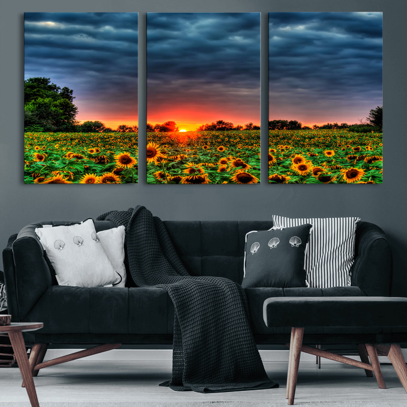 45045-MGV-CV-60X30-3P-Golden Sunflower Field at Sunset – Breathtaking Sky and Vibrant Flowers, Ready to Hang Wall Art