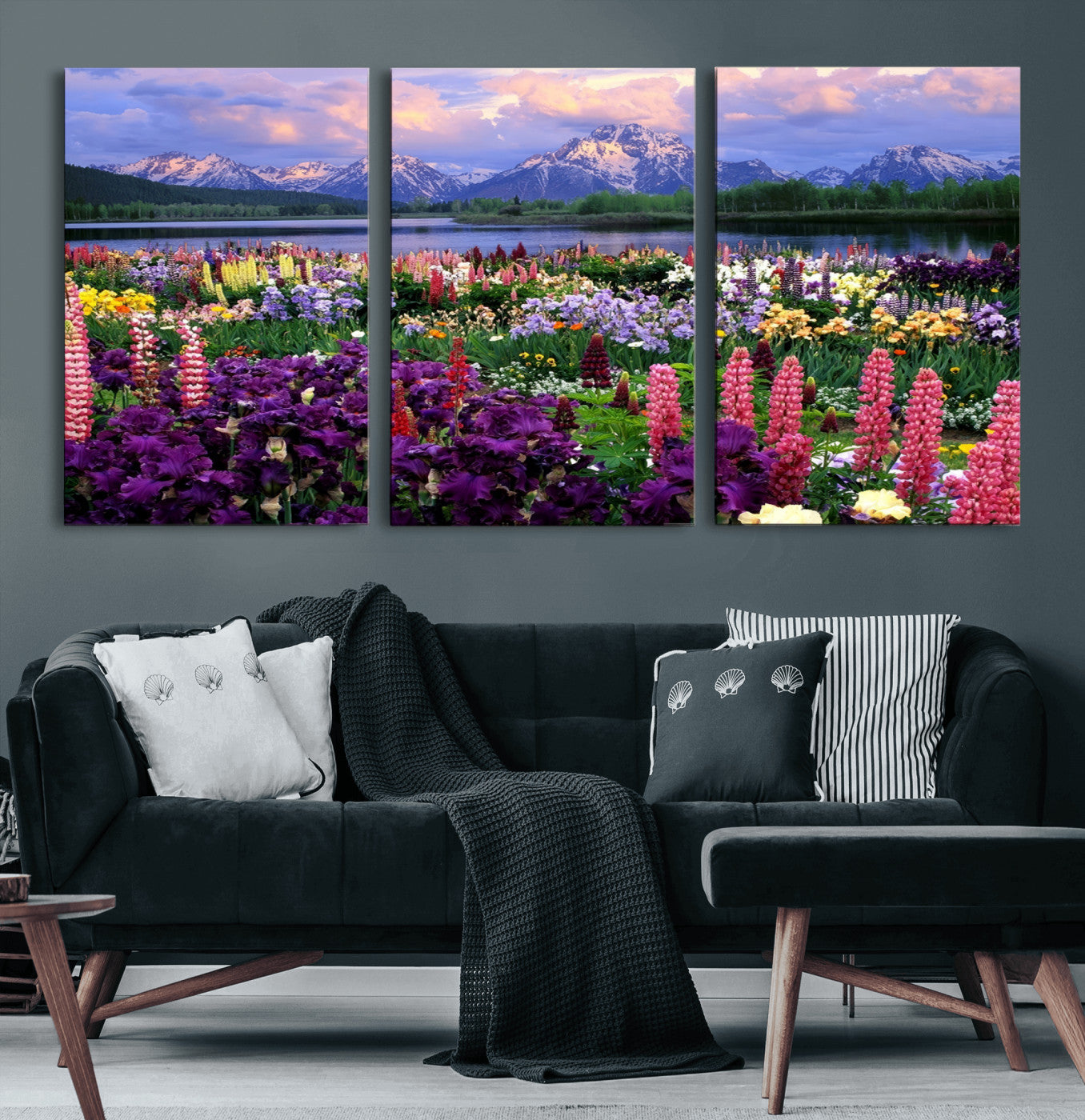 82270-MGV-CV-60X30-3P-Wildflower Canvas Print – Blooming Floral Meadows with Majestic Mountain Backdrop, Ready to Hang