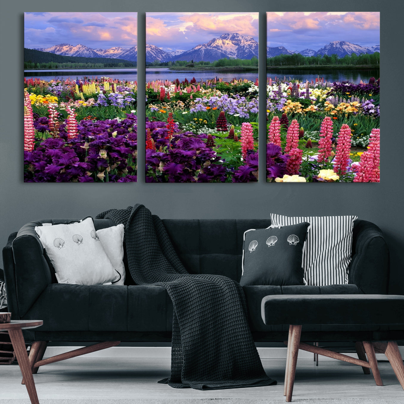 82270-MGV-CV-60X30-3P-Vibrant Wildflower Garden and Mountain View Giclee Canvas Print | Floral Wall Art for Living Room