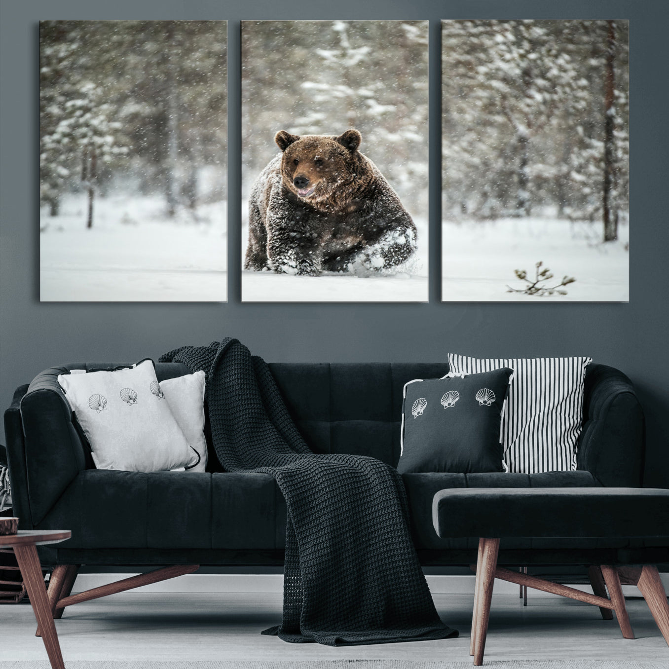A majestic brown bear moves through a snowy forest landscape, surrounded by falling snowflakes, capturing the essence of wildlife in winter.