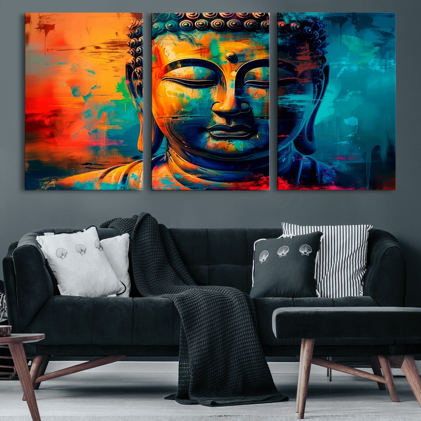 A vibrant, abstract artistic rendition of a Buddha statue face, blending bold and contrasting colors to evoke a sense of peace, spirituality, and enlightenment.