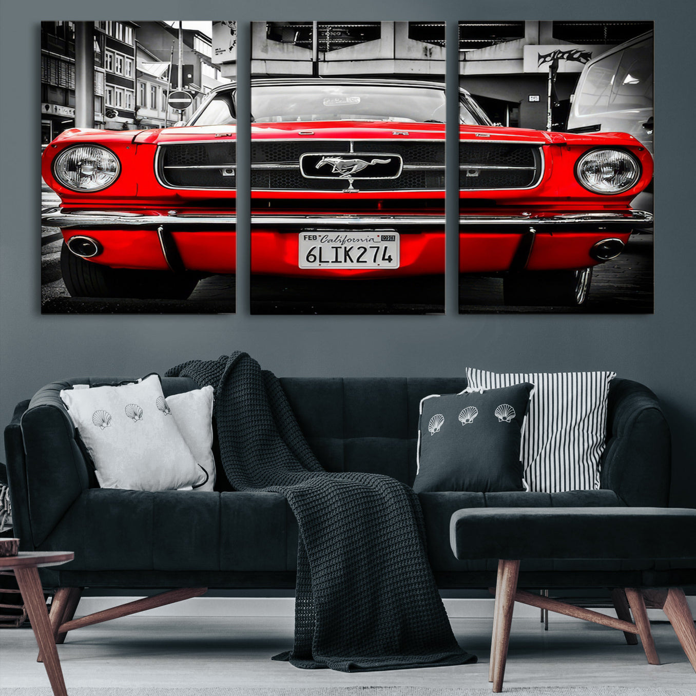 20365-MGV-CV-60X30-3P-Red Mustang Car Wall Art – Framed Classic Vehicle Canvas Artwork, Black White Urban Design, Decor for Home, Office