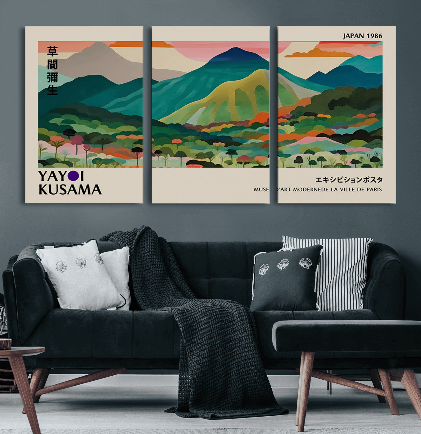 42589-MGV-CV-60X30-3P-Yayoi Kusama Wall Art, Yayoi Wall Art Canvas, Vibrant Mountain Landscape Canvas Print with Bold