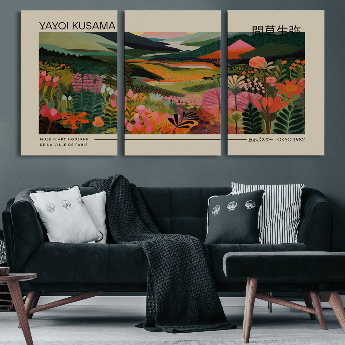 69187-MGV-CV-60X30-3P-Yayoi Kusama Landscape Canvas Print, Vibrant Floral Mountain Art Print, Botanical Flower Nature