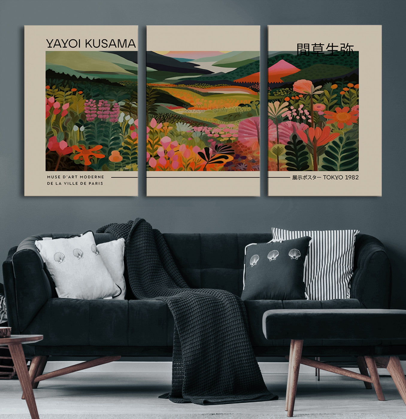 69187-MGV-CV-60X30-3P-Yayoi Kusama Landscape Canvas Print, Vibrant Floral Mountain Art Print, Botanical Flower Nature