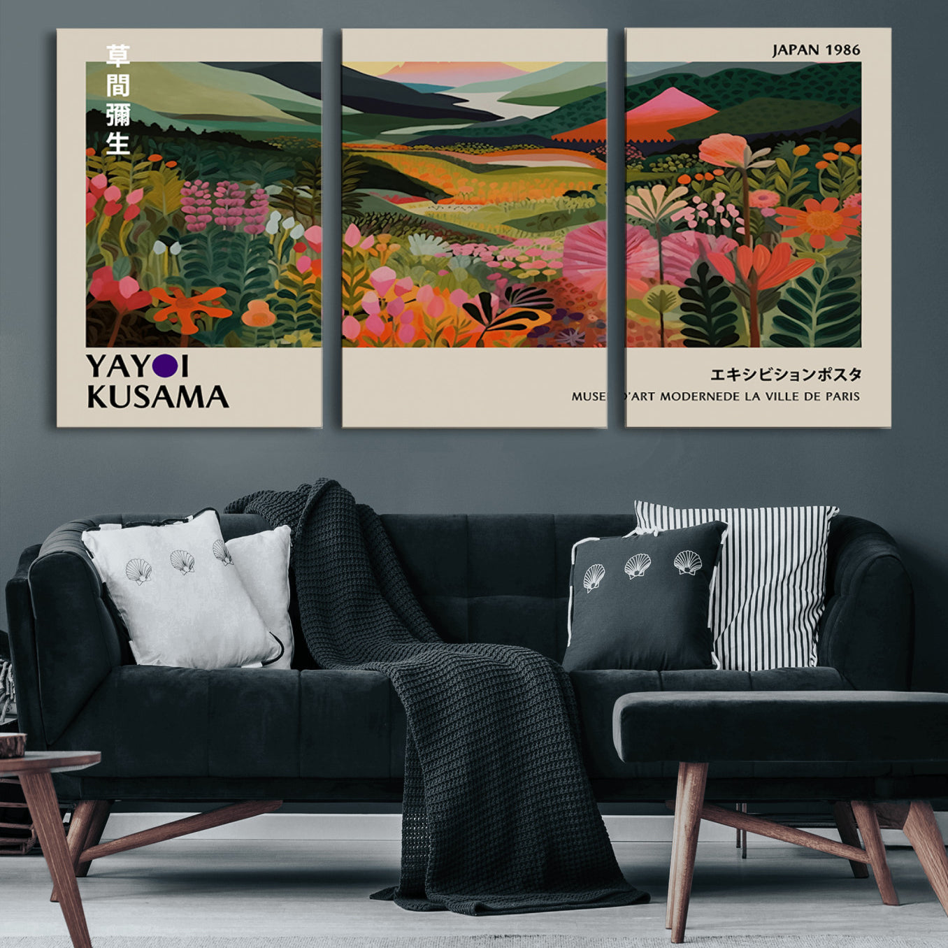 75719-MGV-CV-60X30-3P-Yayoi Kusama Abstract Print, Vibrant Floral Mountain Art Print, Botanical Flower Nature Decor,