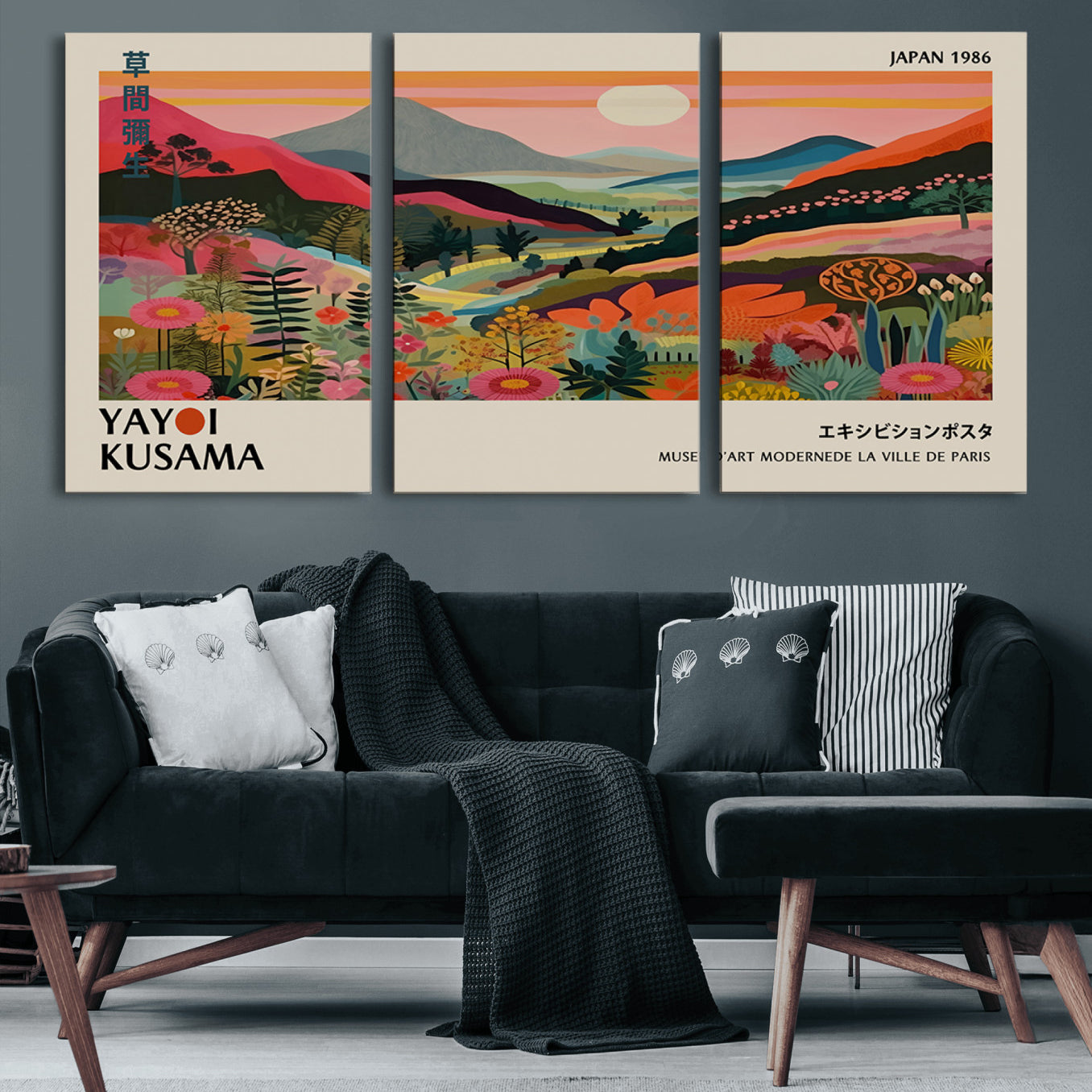 -Yayoi Kusama Landscape Canvas Print, Vibrant Floral Mountain Art Print, Botanical Flower Nature