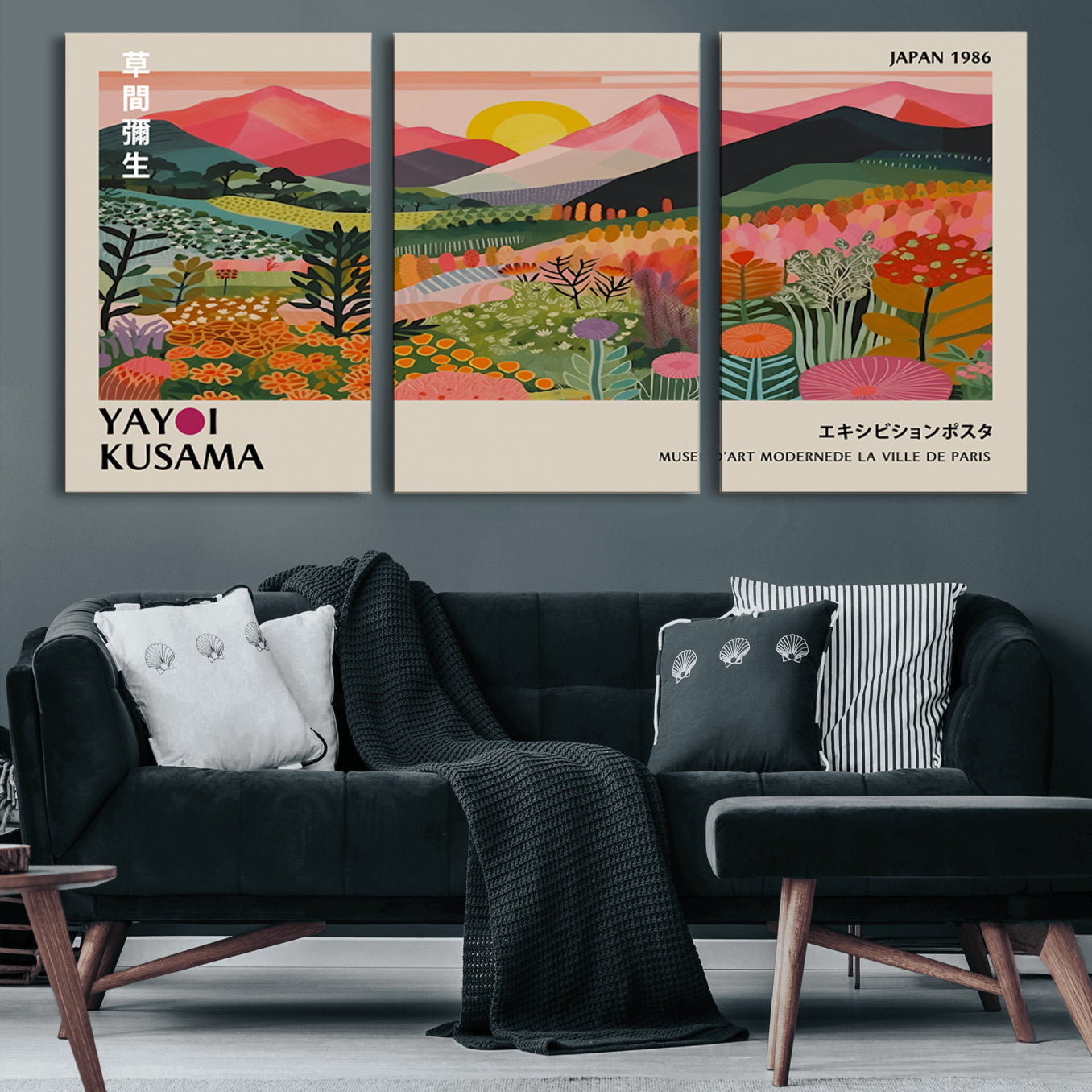 30051-MGV-CV-60X30-3P-Yayoi Kusama Landscape Canvas Print, Vibrant Floral Mountain Art Print, Framed Botanical Wall Art -