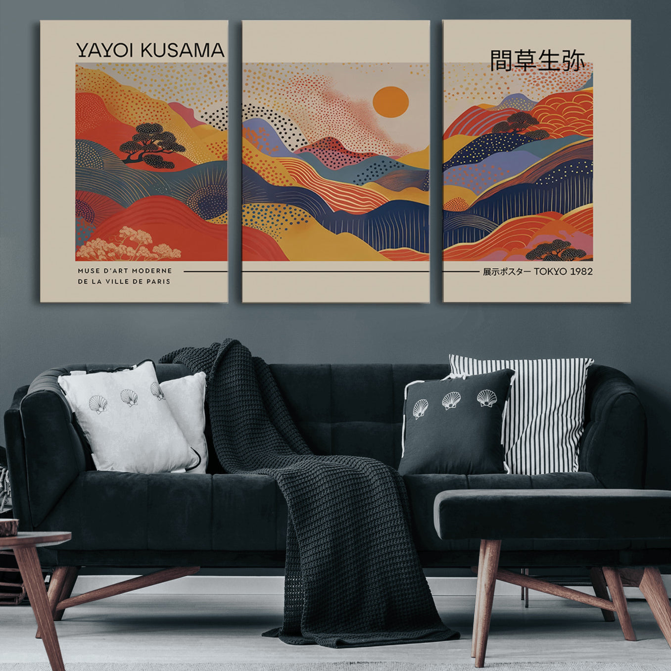87627-MGV-CV-60X30-3P-Yayoi Kusama Landscape Canvas Print, Vibrant Floral Mountain Art Print, Botanical Flower Nature