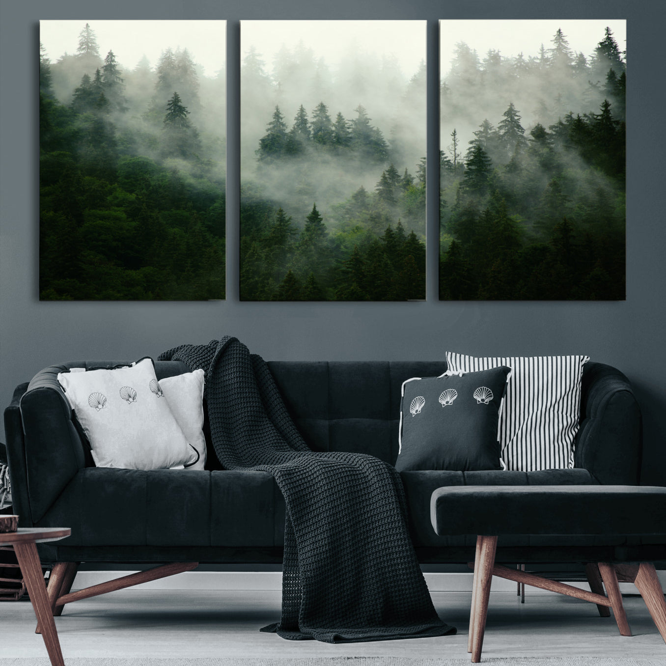 167720496-MGV-CV-36X24 - Misty Forest Mountain Wall Art Canvas | Large 3-Panel Foggy Landscape Canvas Print | Nature Misty