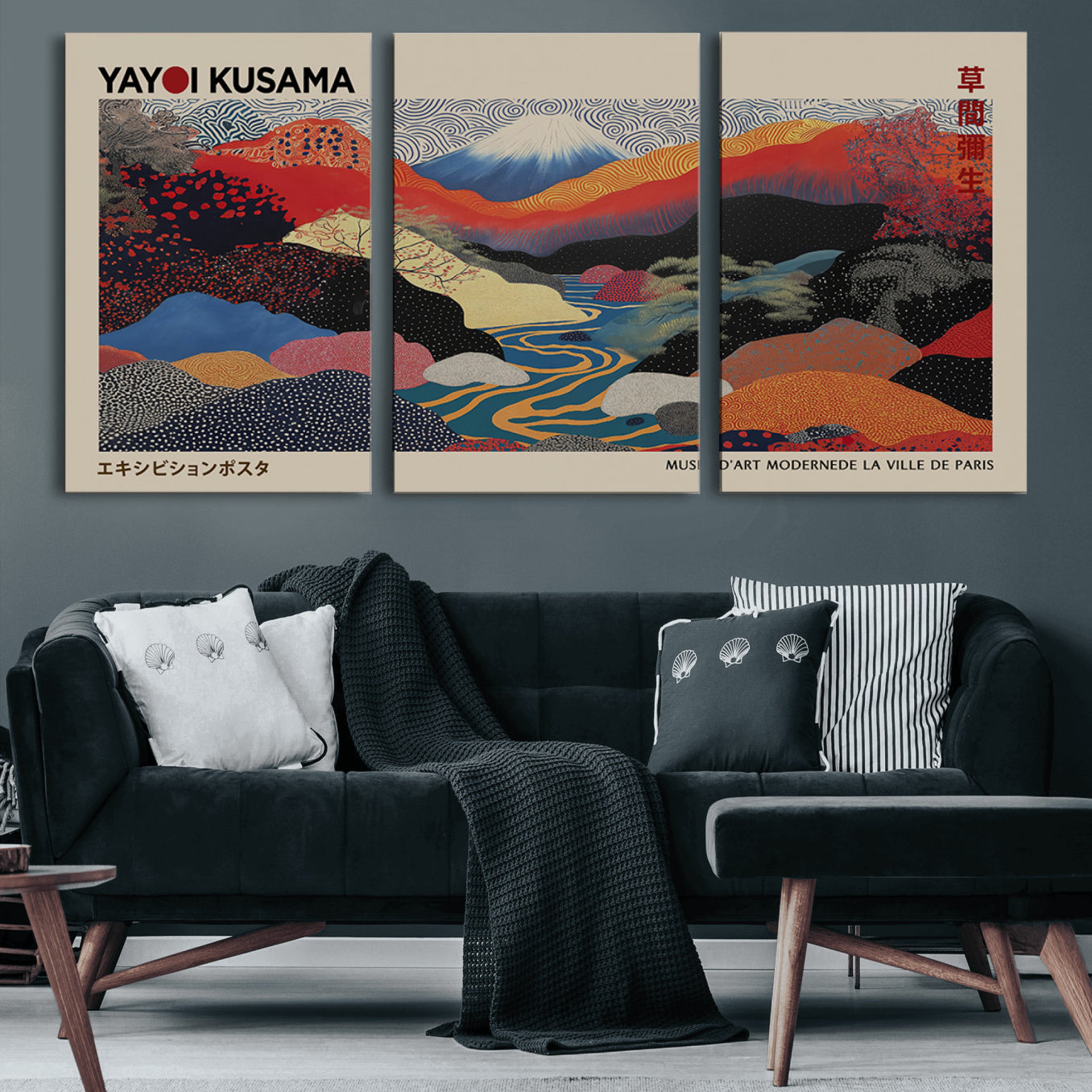 86784-MGV-CV-60X30-3P-Yayoi Kusama Wall Art – Framed Japanese Abstract Art Print, Modern Wabi Sabi Inspired Canvas for Living Room, Office, or Gallery Decor