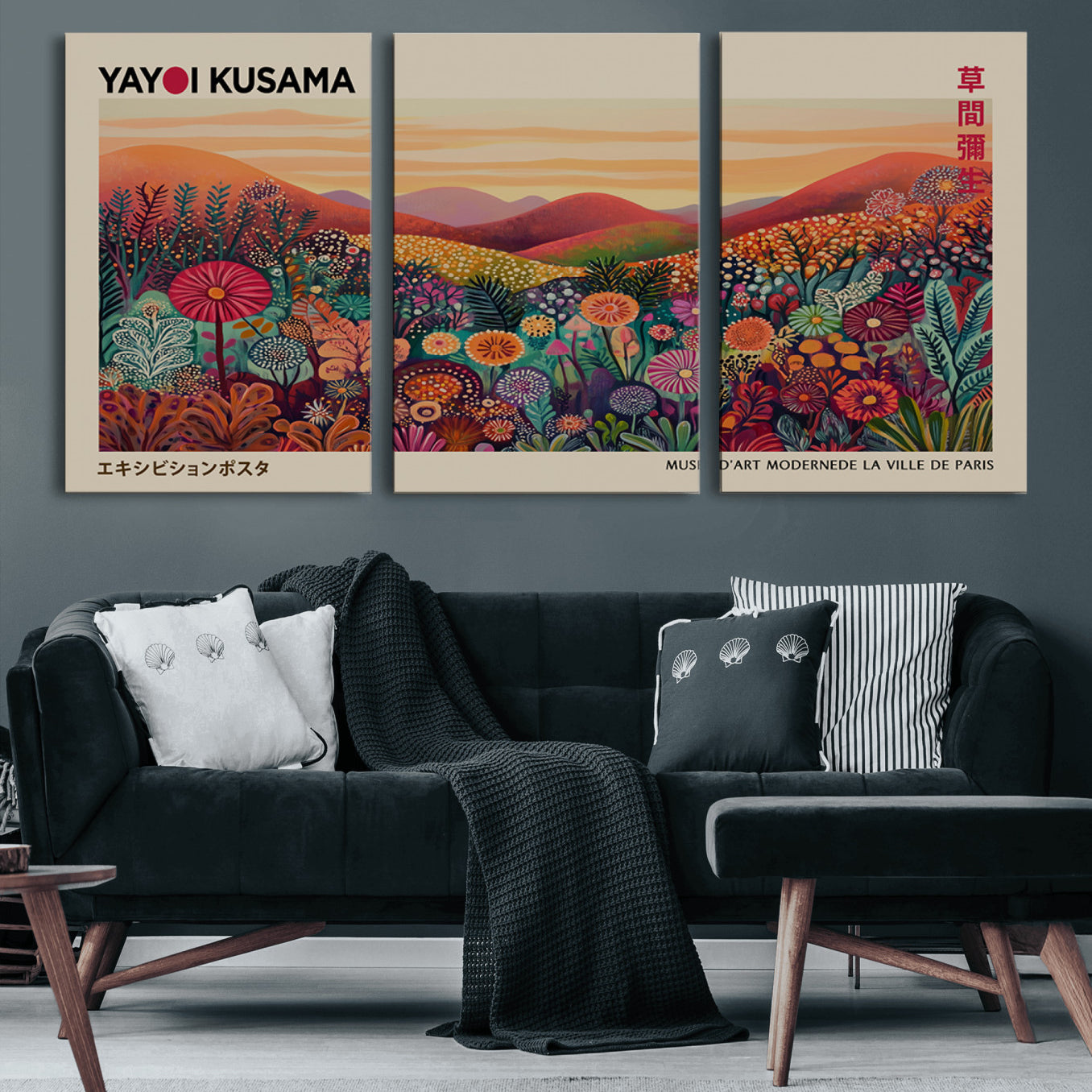 66096-MGV-CV-60X30-3P-Framed Yayoi Kusama 1986 Wall Art Print – Japanese Wall Art Print, Wabi Sabi Yayoi Kusama Print -