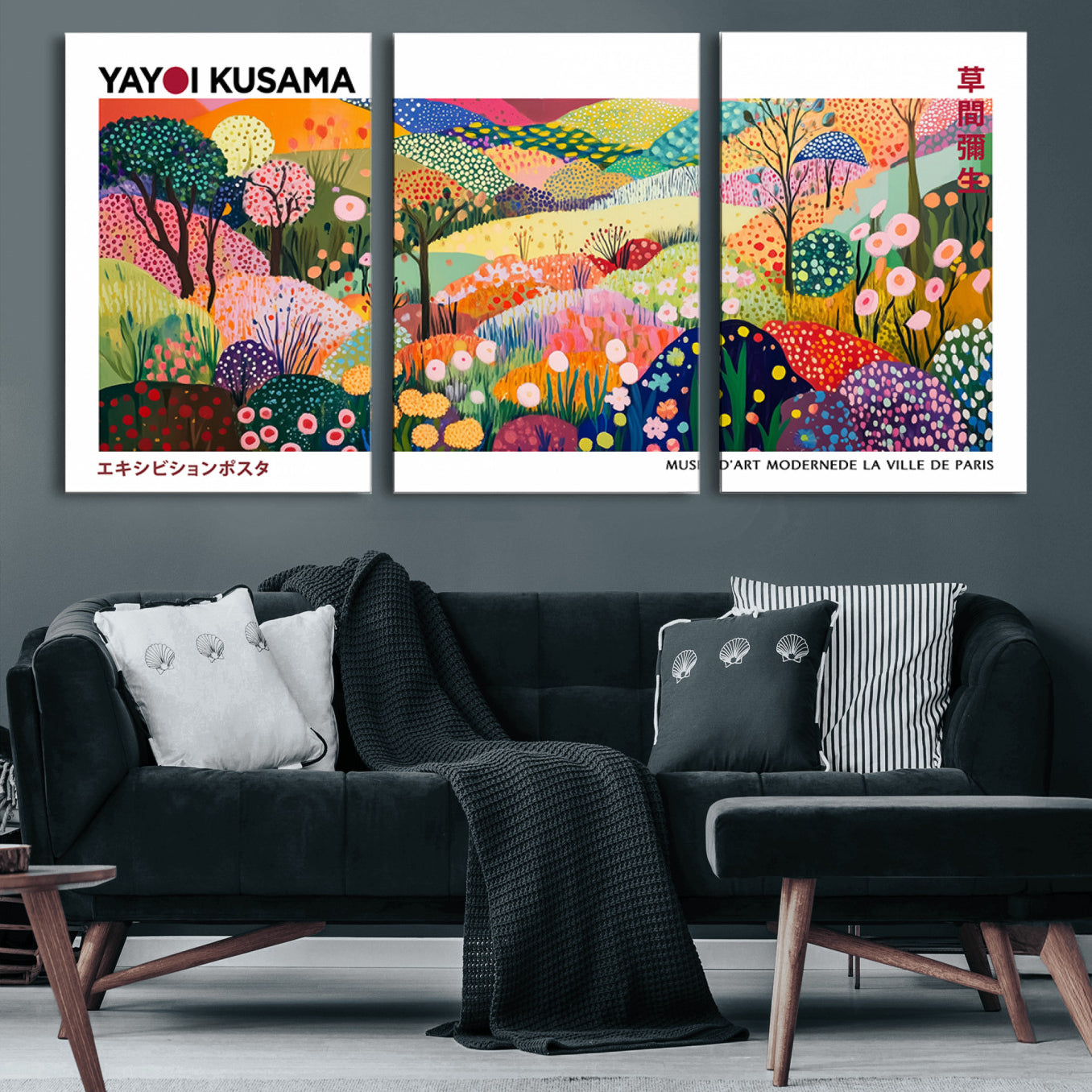 41516-MGV-CV-60X30-3P-Framed Yayoi Kusama 1986 Wall Art Print – Japanese Wall Art Print, Wabi Sabi Yayoi Kusama Print -