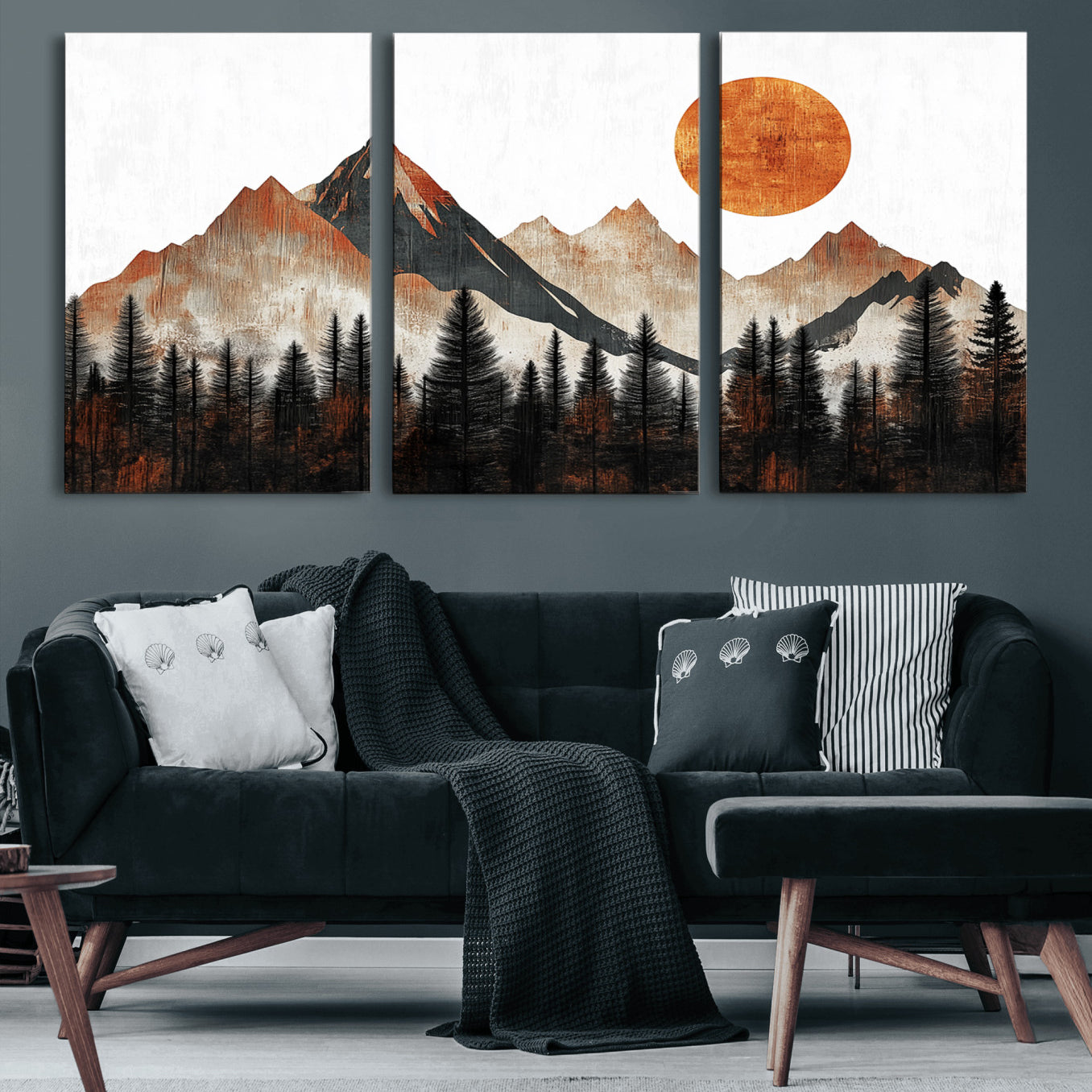 71366-MGV-CV-60X30-3P-Modern Abstract Mountain Canvas Wall Art Print, Abstract Landscape Print, Rustic Sun and Mountains