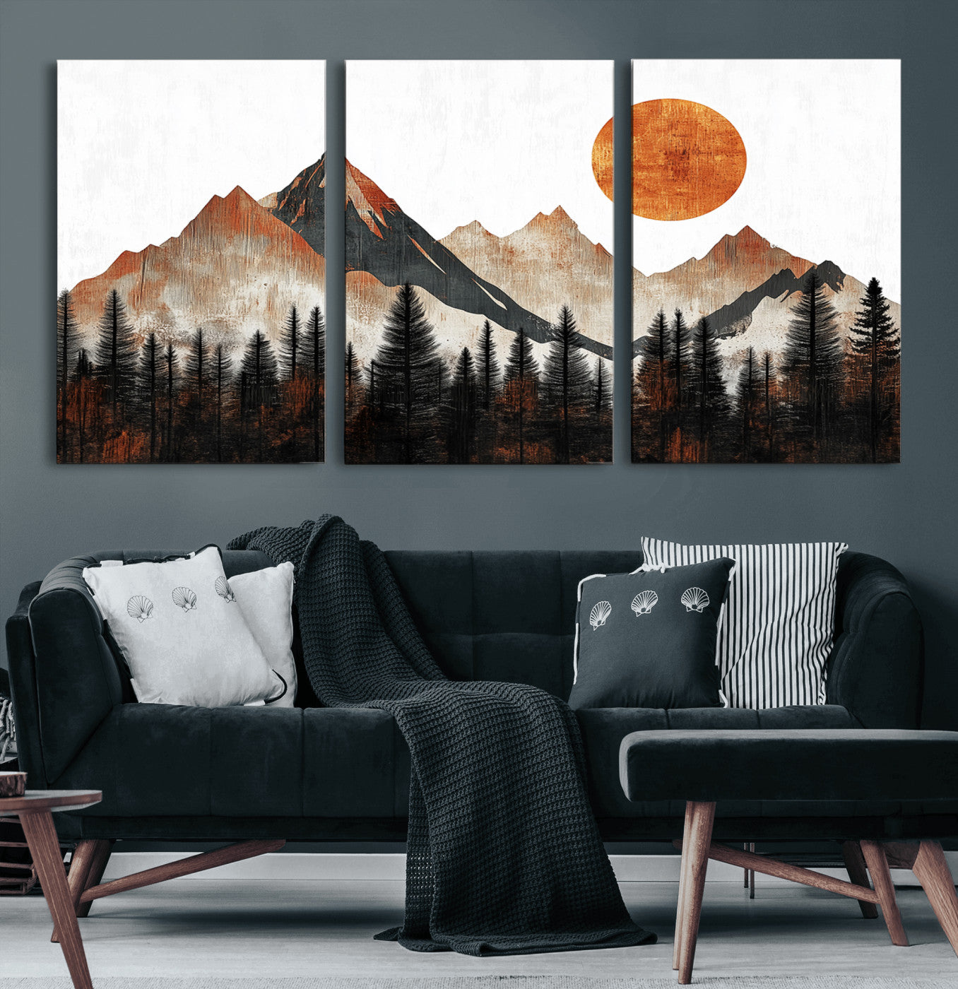 71366-MGV-CV-60X30-3P-Modern Abstract Mountain Canvas Wall Art Print, Abstract Landscape Print, Rustic Sun and Mountains