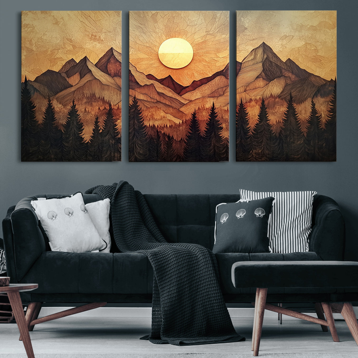 71340-MGV-CV-60X30-3P-Wood Style Abstract Mountain Sunset Canvas Wall Art Print - Warm Earth Nature-Inspired Decor for