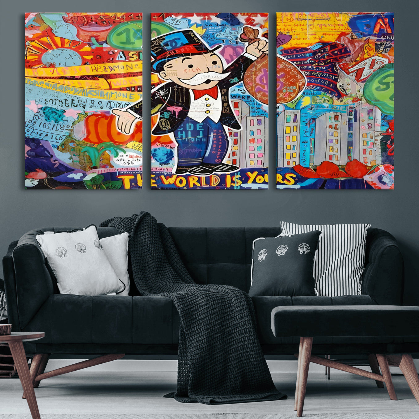 96320-MGV-CV-60X30-3P-Pop Art Monopoly Man Canvas Wall Art Print - Bold and Colorful Street Art-Inspired Decor for Living