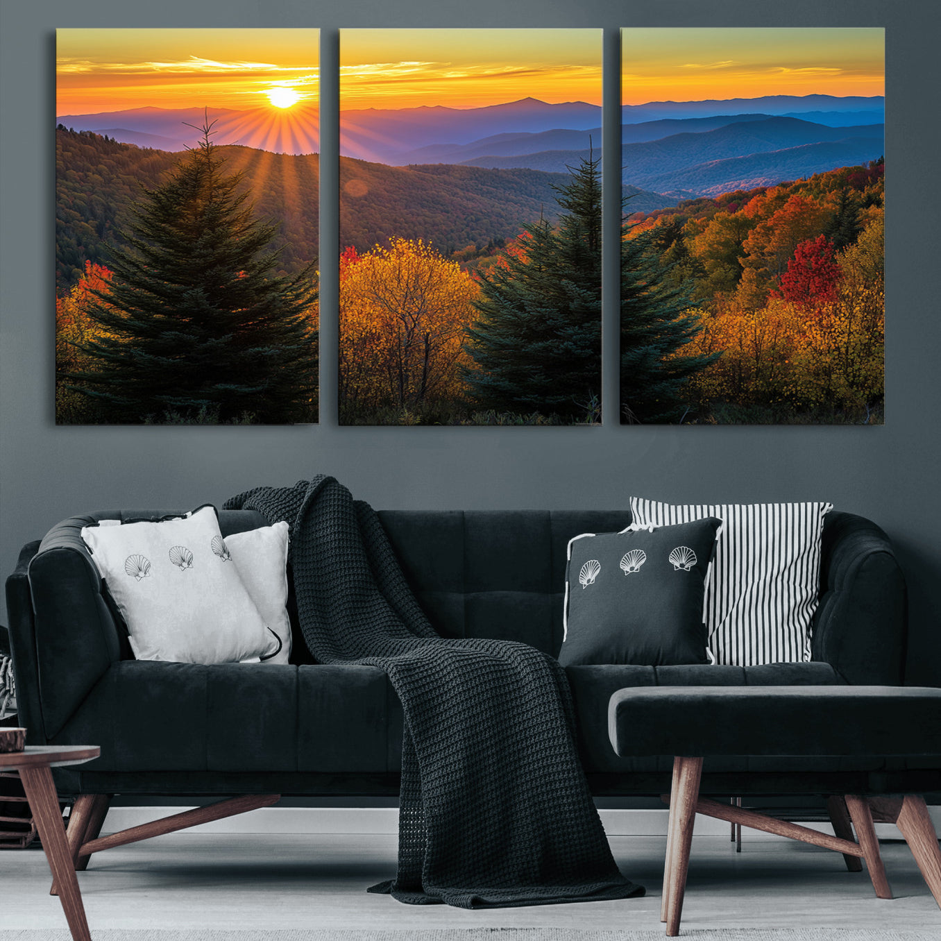 49710-MGV-CV-60X30-3P-Golden Sunset Over Mountain Forest Canvas Wall Art Print - Warm Nature-Inspired Landscape for Living