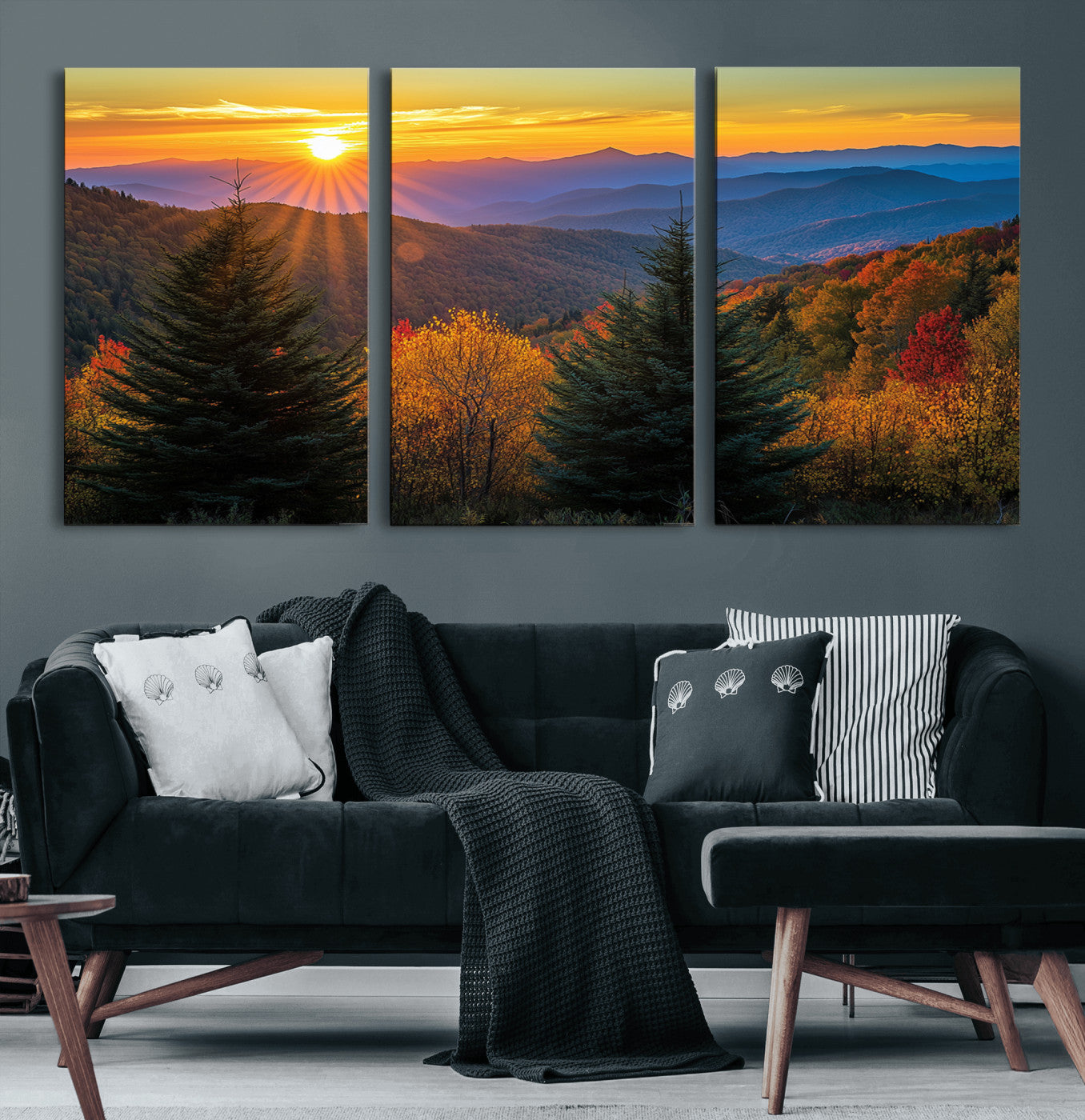 49710-MGV-CV-60X30-3P-Golden Sunset Over Mountain Forest Canvas Wall Art Print - Warm Nature-Inspired Landscape for Living
