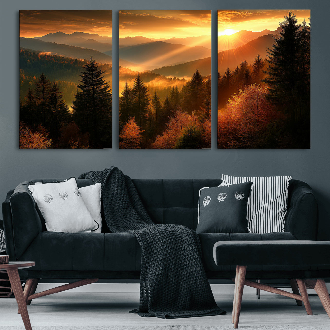 42606-MGV-CV-60X30-3P-Golden Sunset Over Mountain Forest Canvas Wall Art Print - Warm Nature Landscape Print