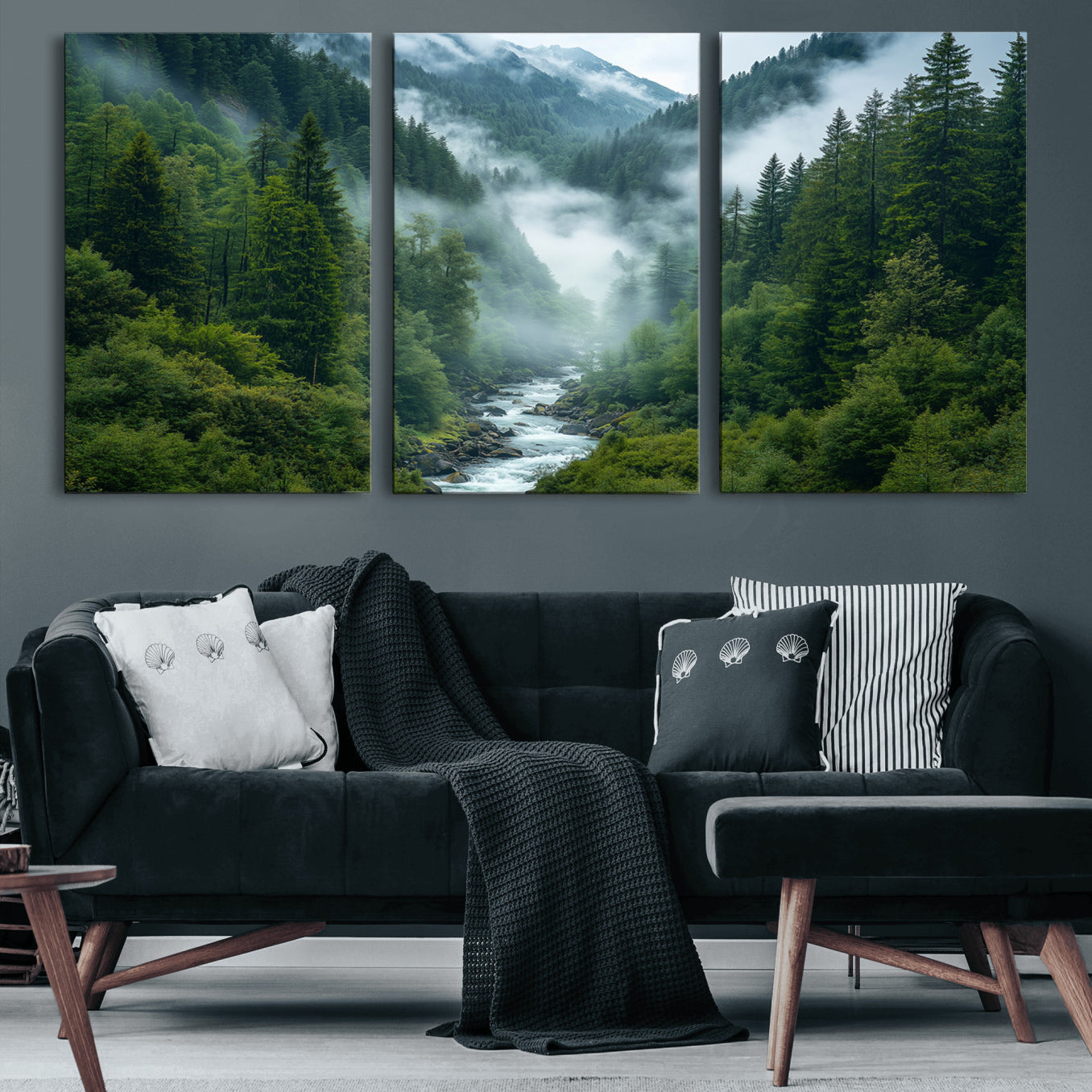 69453-MGV-CV-60X30-3P-Mountain Forest River Canvas Wall Art Print - Serene Nature Landscape for Living Room, Office, or